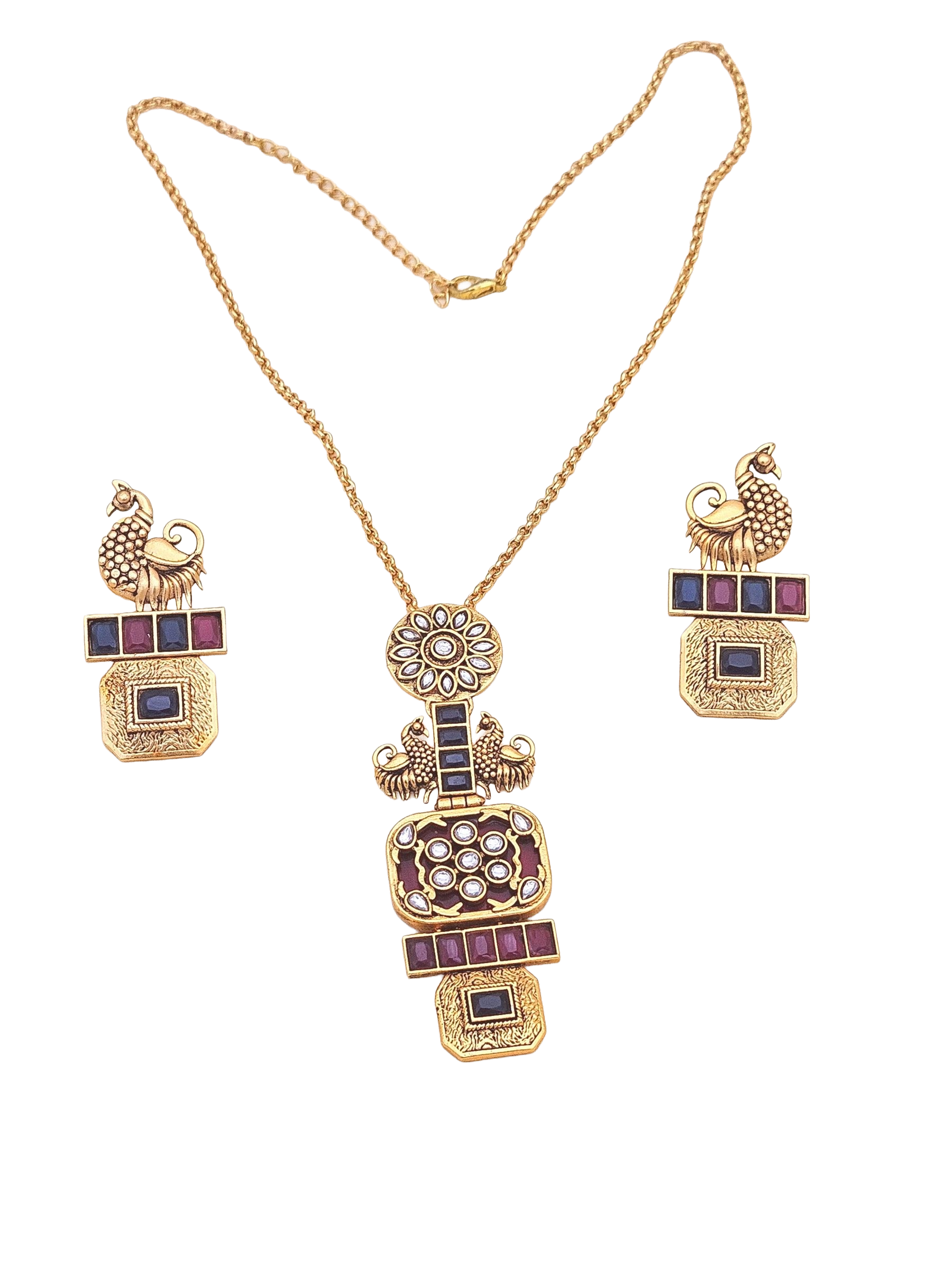 Gorgeous Antique Gold plated Red & Black Glass Stone- Synthetic Polky Statement Necklace-Earring Set