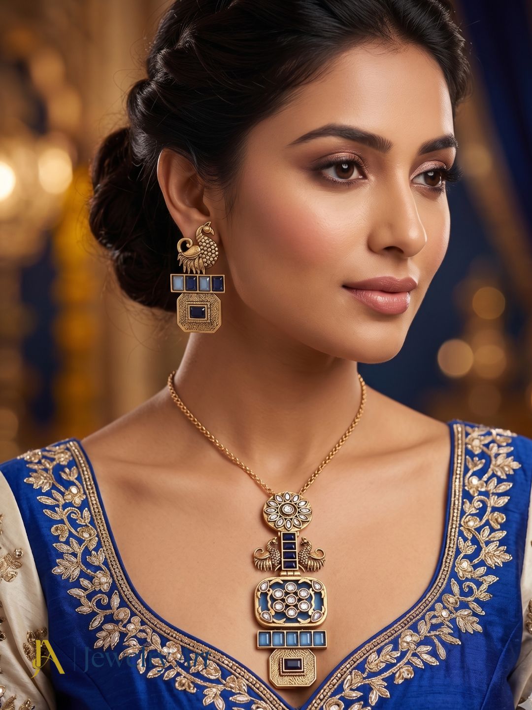 Designer antique gold statement necklace earrings set with sky blue Monalisa and blue glass stones
