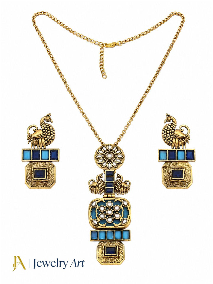Gorgeous Antique Gold plated Synthetic Polky- Blue Monalisa Black Glass Stone Statement Necklace-Earring Set