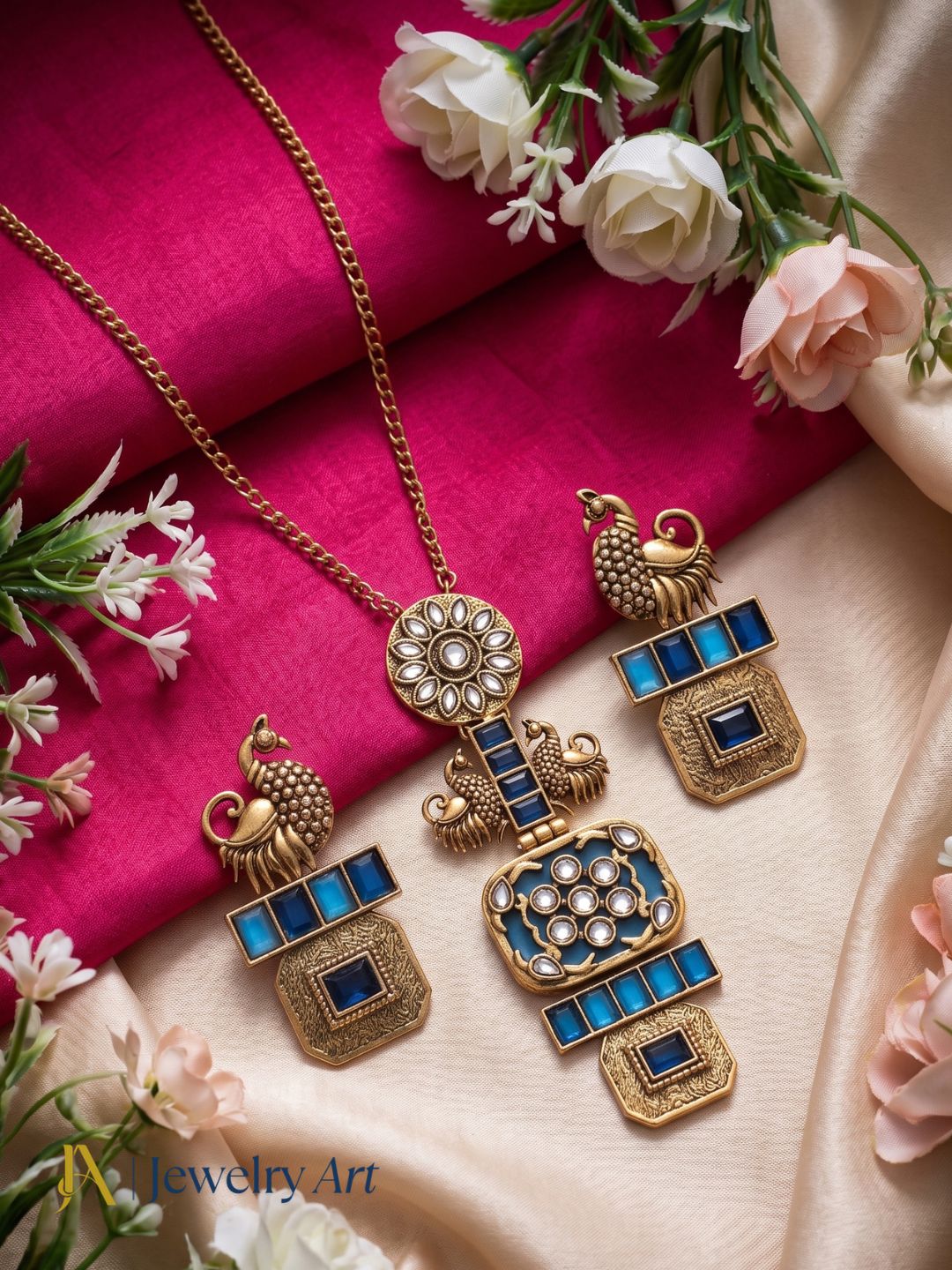 Gorgeous Antique Gold plated Synthetic Polky- Blue Monalisa Black Glass Stone Statement Necklace-Earring Set