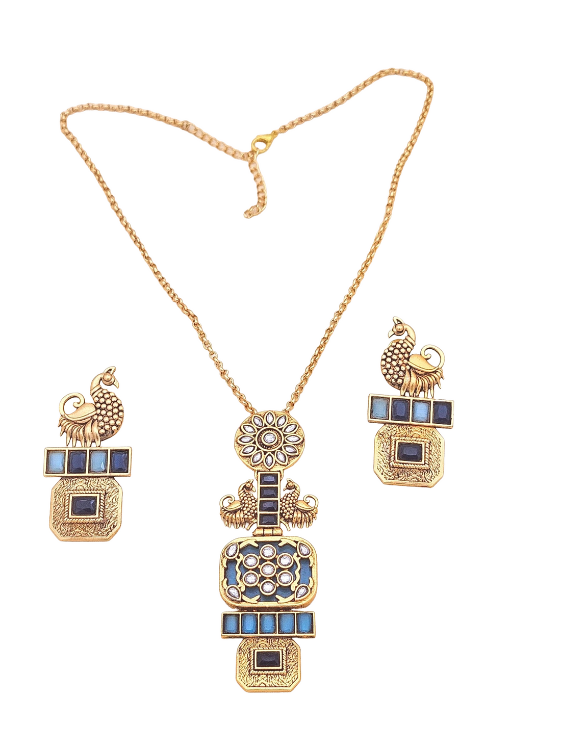 Gorgeous Antique Gold plated Synthetic Polky- Blue Monalisa Black Glass Stone Statement Necklace-Earring Set