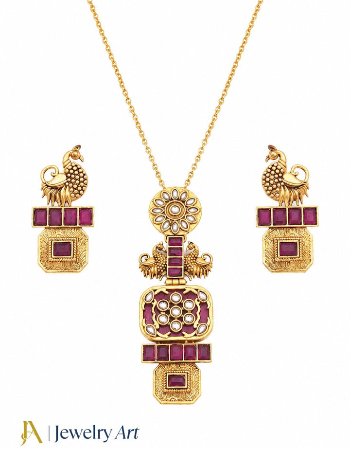 Gorgeous Antique Gold plated Red Beryl-Synthetic Polky Statement Necklace-Earring Set