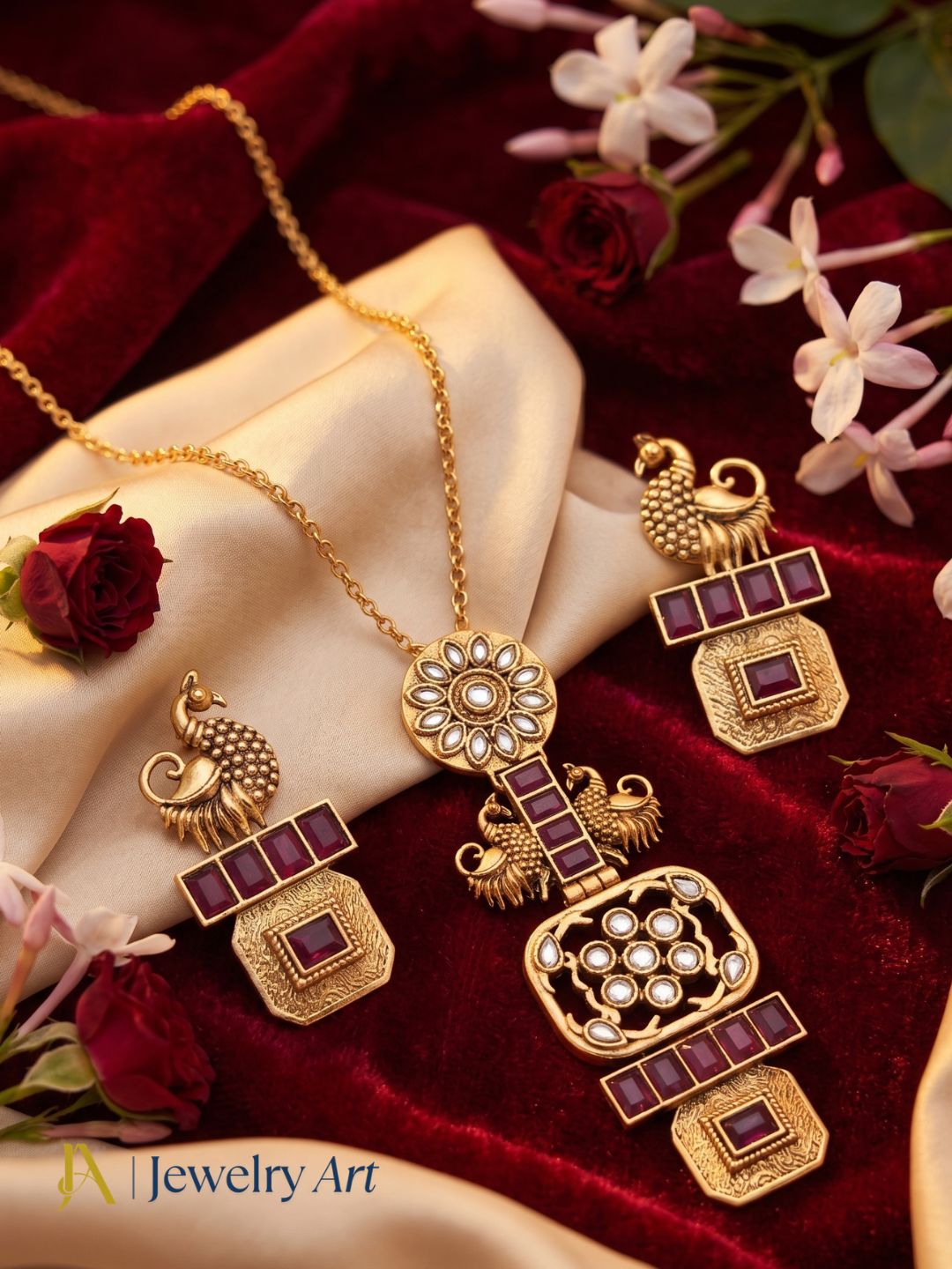 Gorgeous Antique Gold plated Red Beryl-Synthetic Polky Statement Necklace-Earring Set