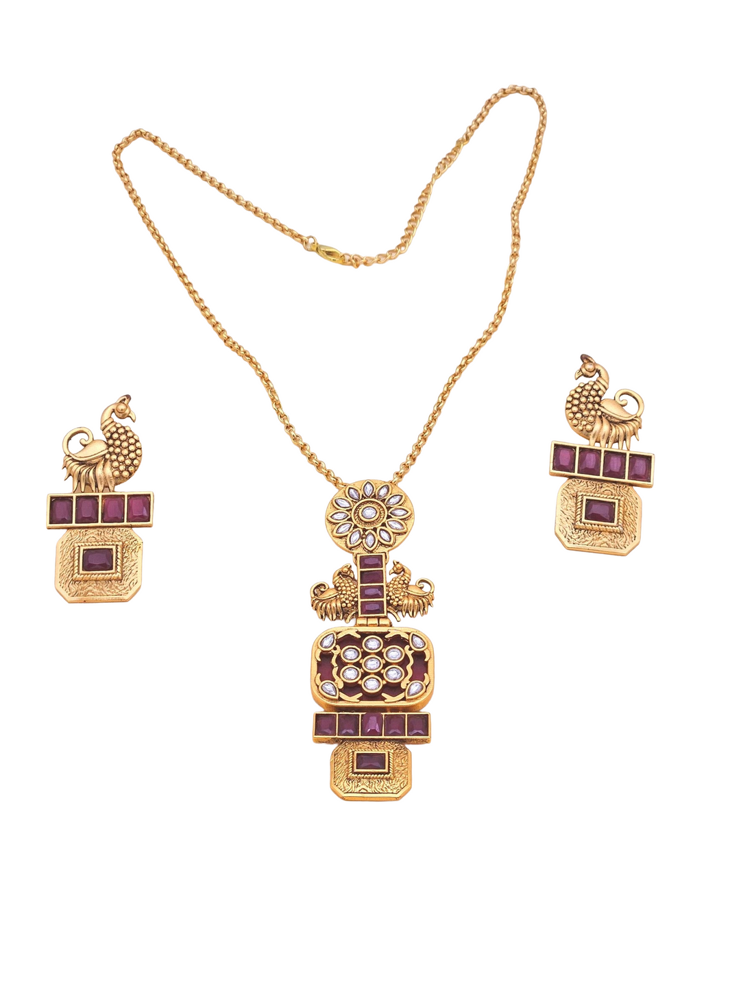 Gorgeous Antique Gold plated Red Beryl-Synthetic Polky Statement Necklace-Earring Set