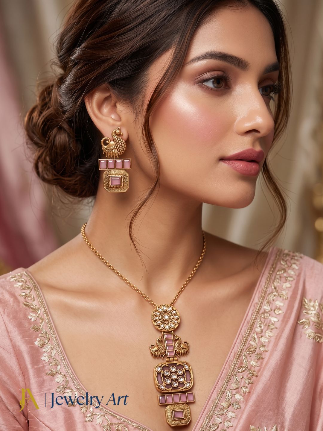 Luxury antique gold plated statement necklace set with pink Monalisa stones and synthetic polky detailing

