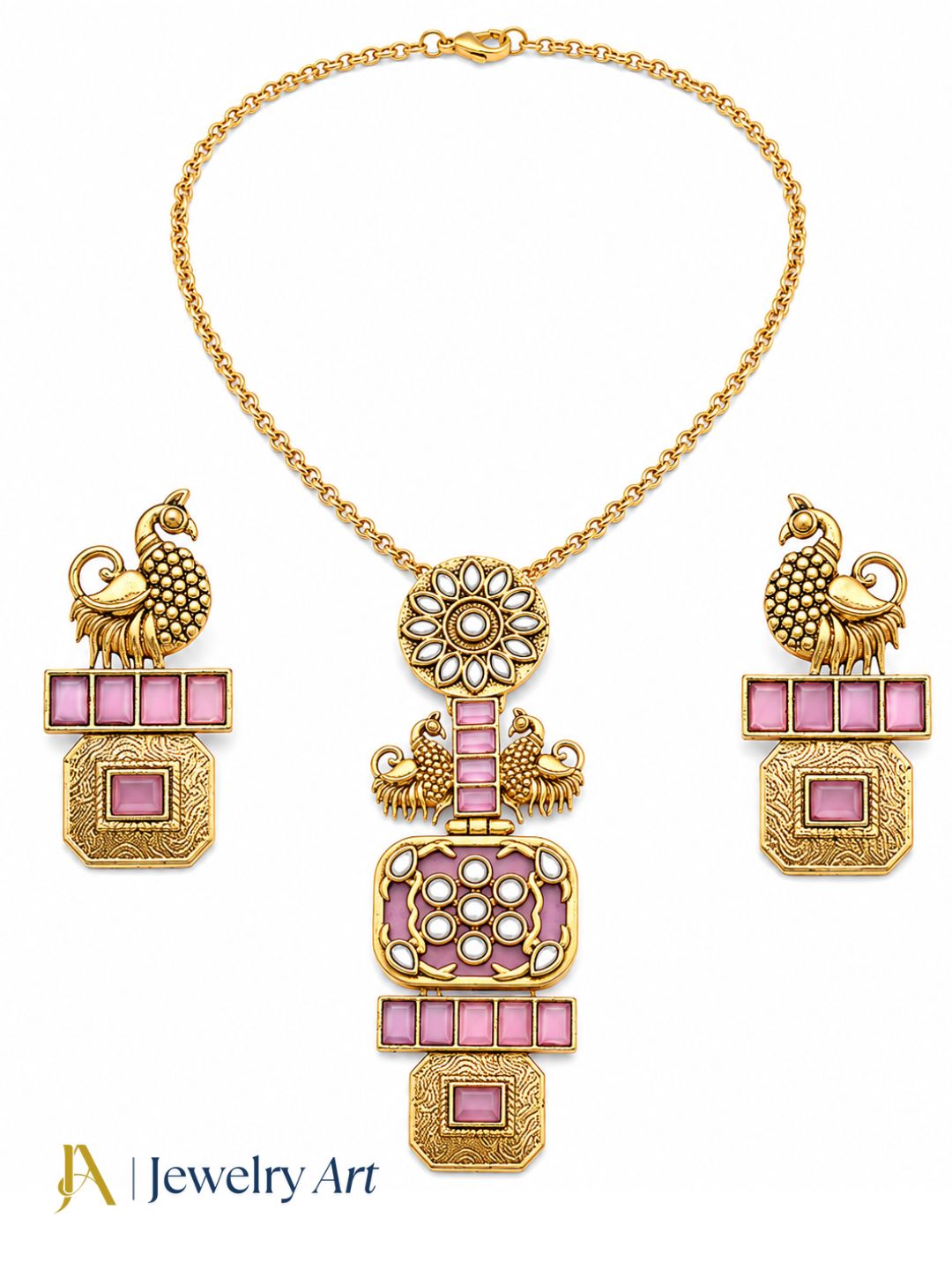 Gorgeous Antique Gold plated Pink Monalisa Stone -Synthetic Polky Statement Necklace-Earring Set
