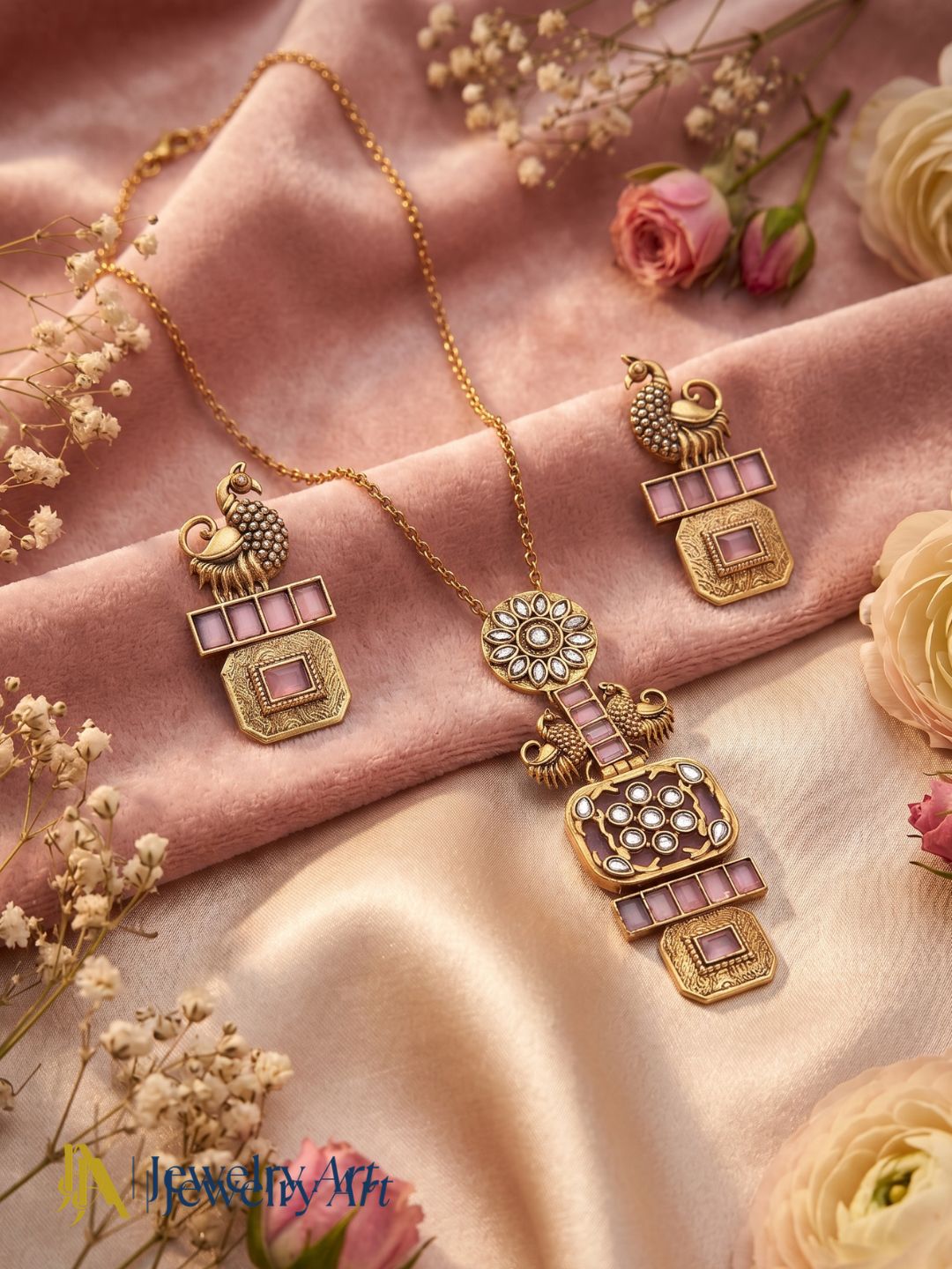 Gorgeous Antique Gold plated Pink Monalisa Stone -Synthetic Polky Statement Necklace-Earring Set