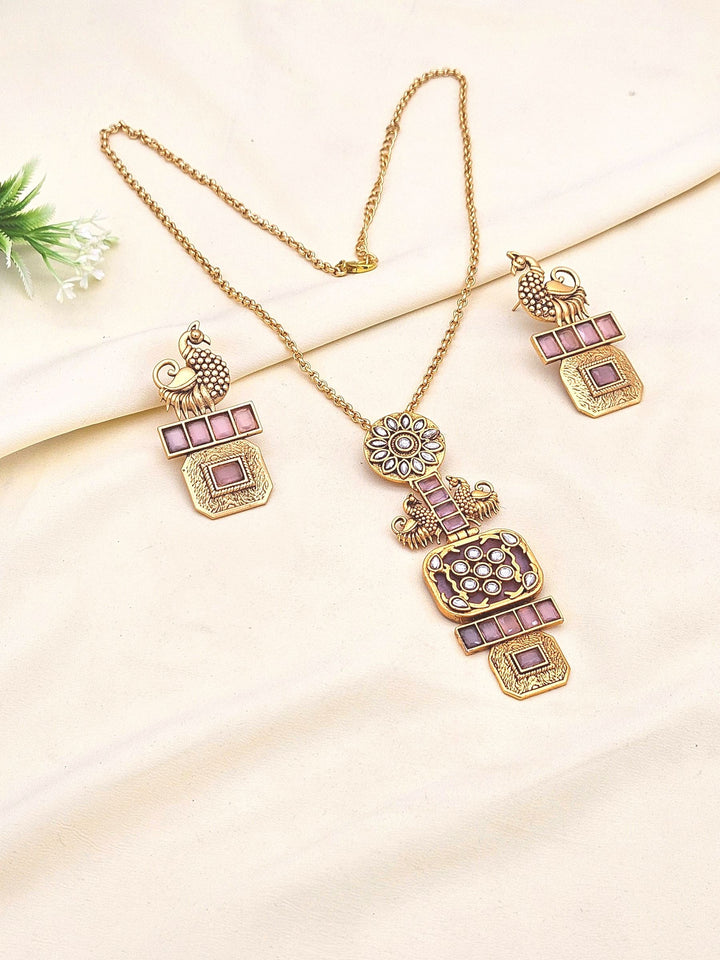 Gorgeous Antique Gold plated Pink Monalisa Stone -Synthetic Polky Statement Necklace-Earring Set