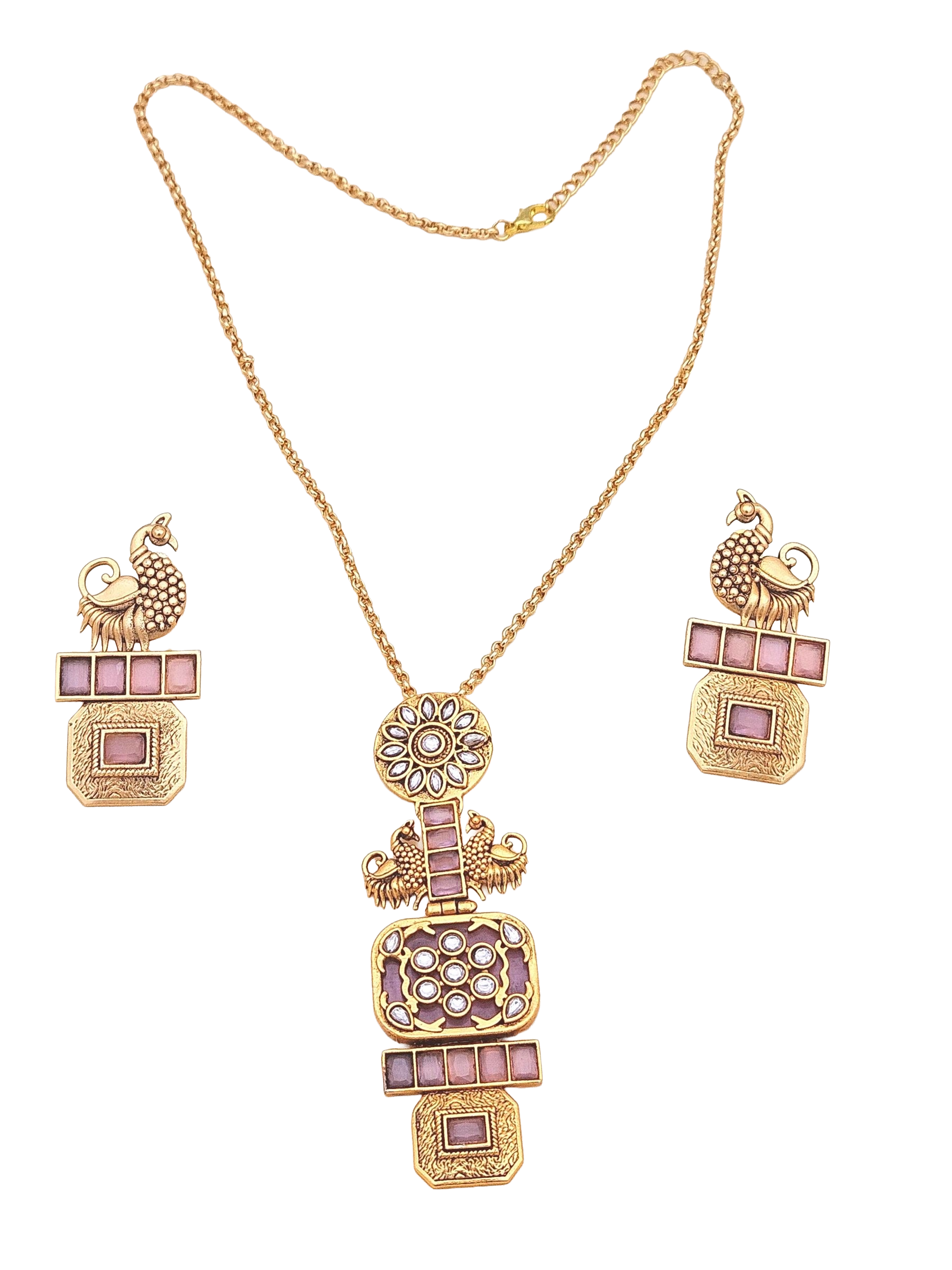 Gorgeous Antique Gold plated Pink Monalisa Stone -Synthetic Polky Statement Necklace-Earring Set