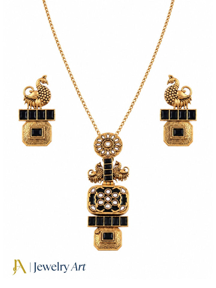 Gorgeous Antique Gold plated Black Glass Stone -Synthetic Polky Statement Necklace-Earring Set