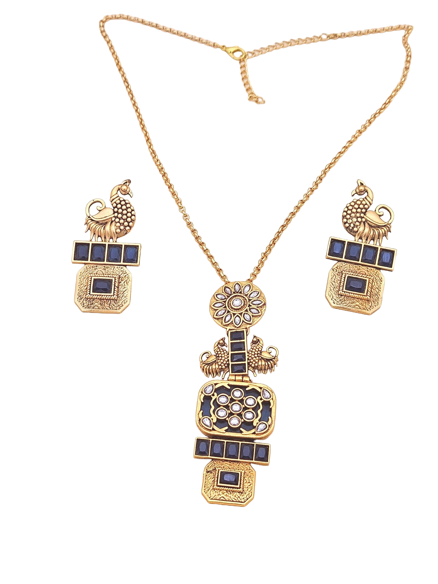 Gorgeous Antique Gold plated Black Glass Stone -Synthetic Polky Statement Necklace-Earring Set