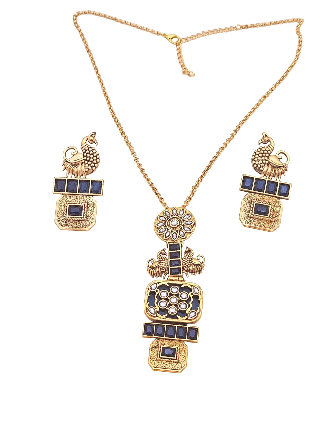 Gorgeous Antique Gold plated Black Glass Stone -Synthetic Polky Statement Necklace-Earring Set