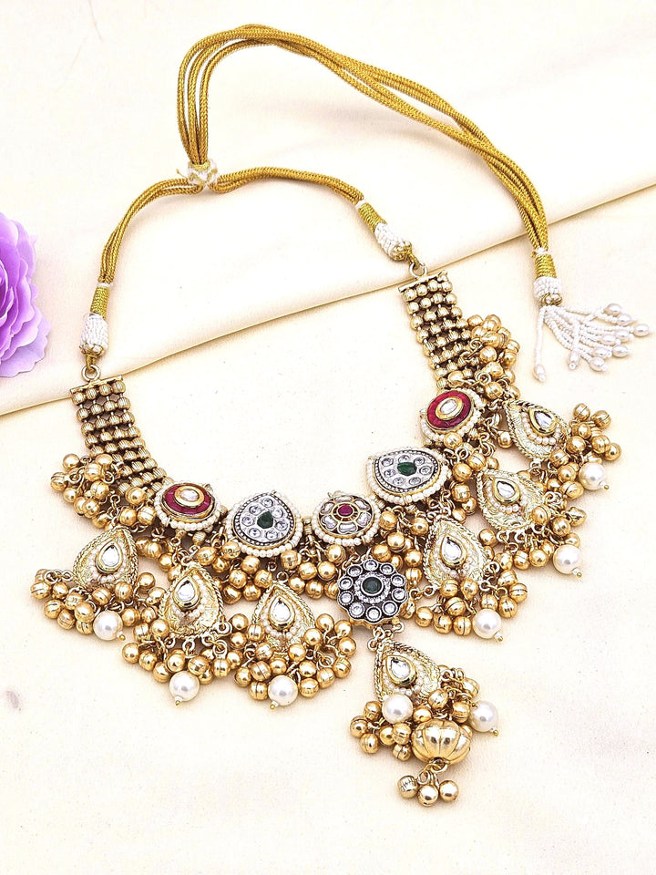 Antique Gold Plated Kundan-Synthetic Polky-Multi color Glass  Stone Pearl Statement Necklace