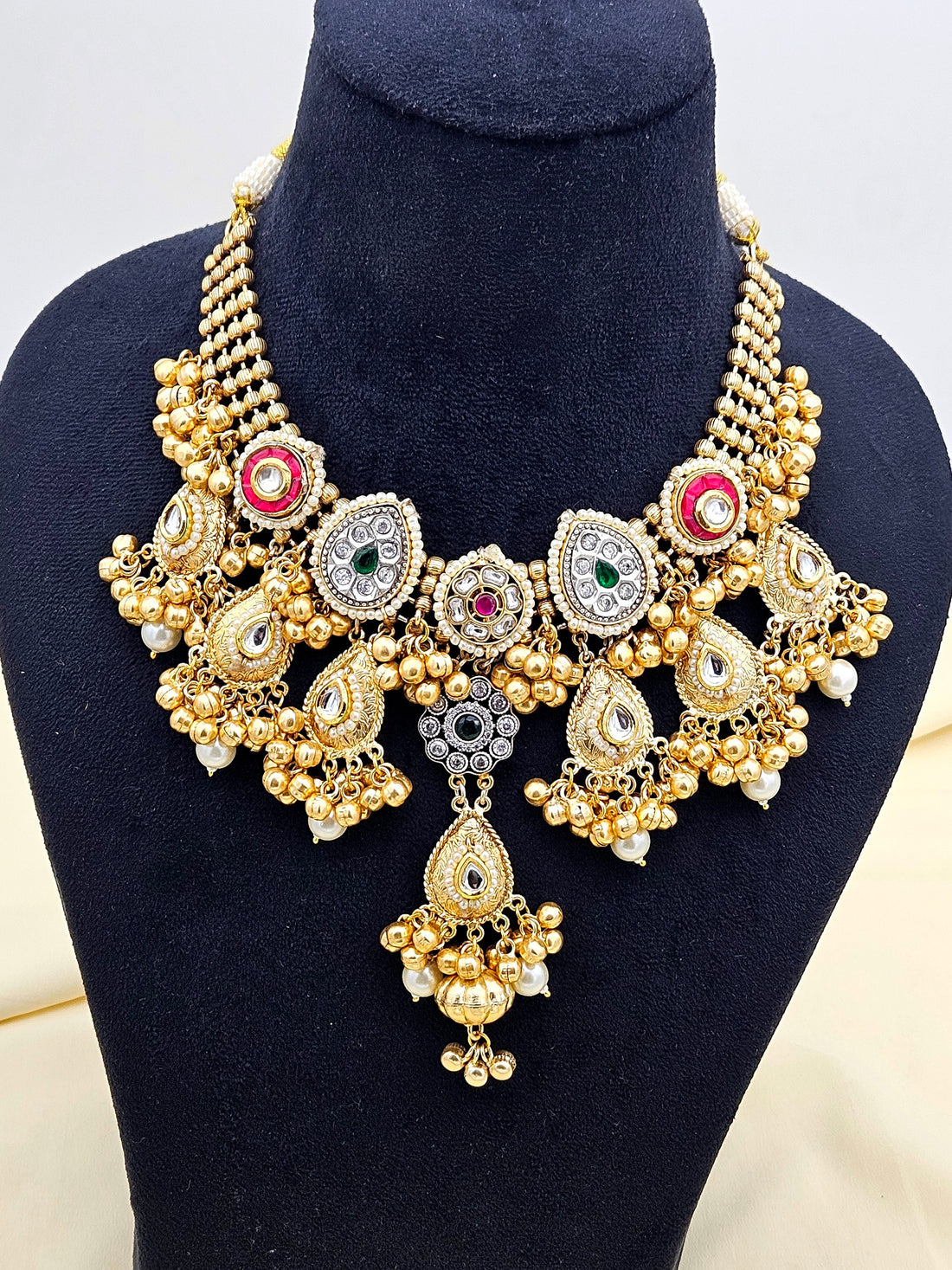 Antique Gold Plated Kundan-Synthetic Polky-Multi color Glass  Stone Pearl Statement Necklace