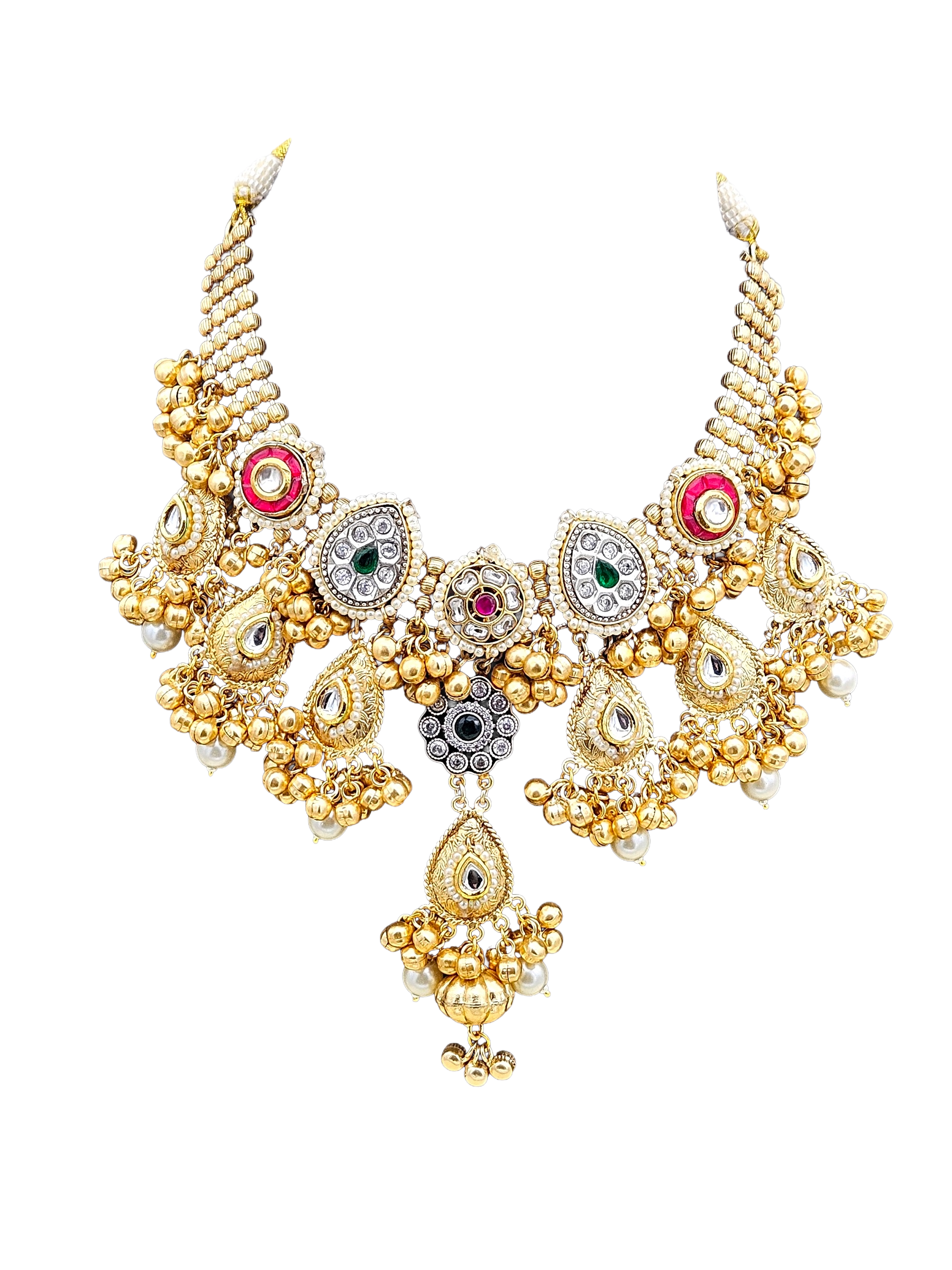 Antique Gold Plated Kundan-Synthetic Polky-Multi color Glass  Stone Pearl Statement Necklace