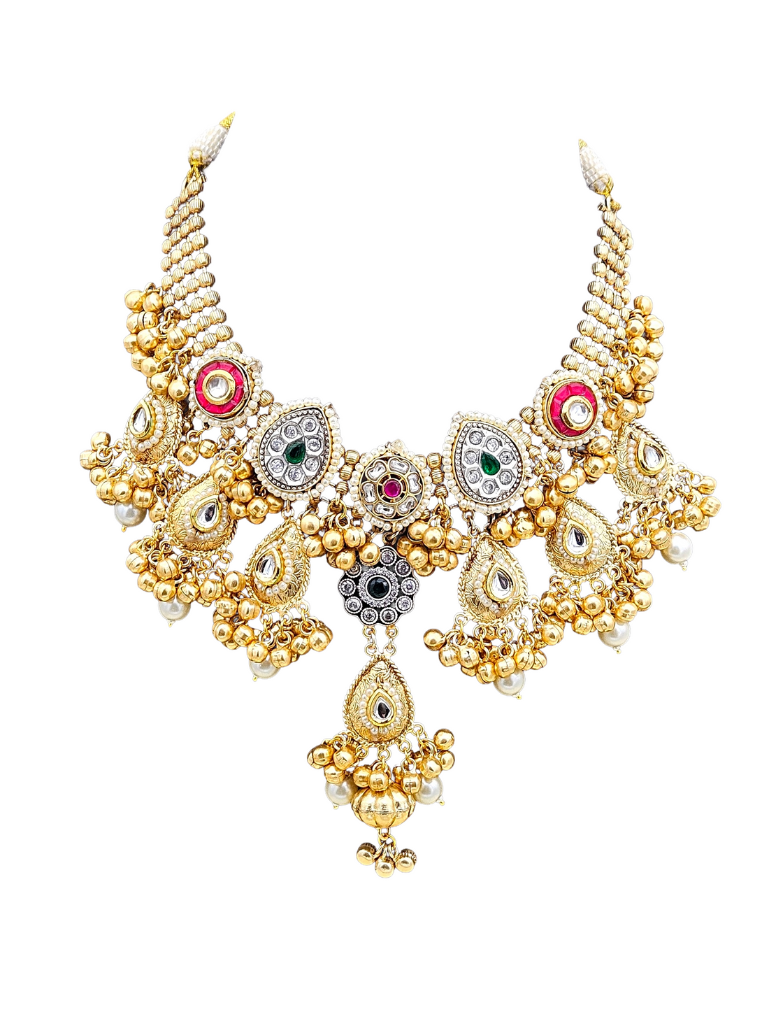 Antique Gold Plated Kundan-Synthetic Polky-Multi color Glass  Stone Pearl Statement Necklace