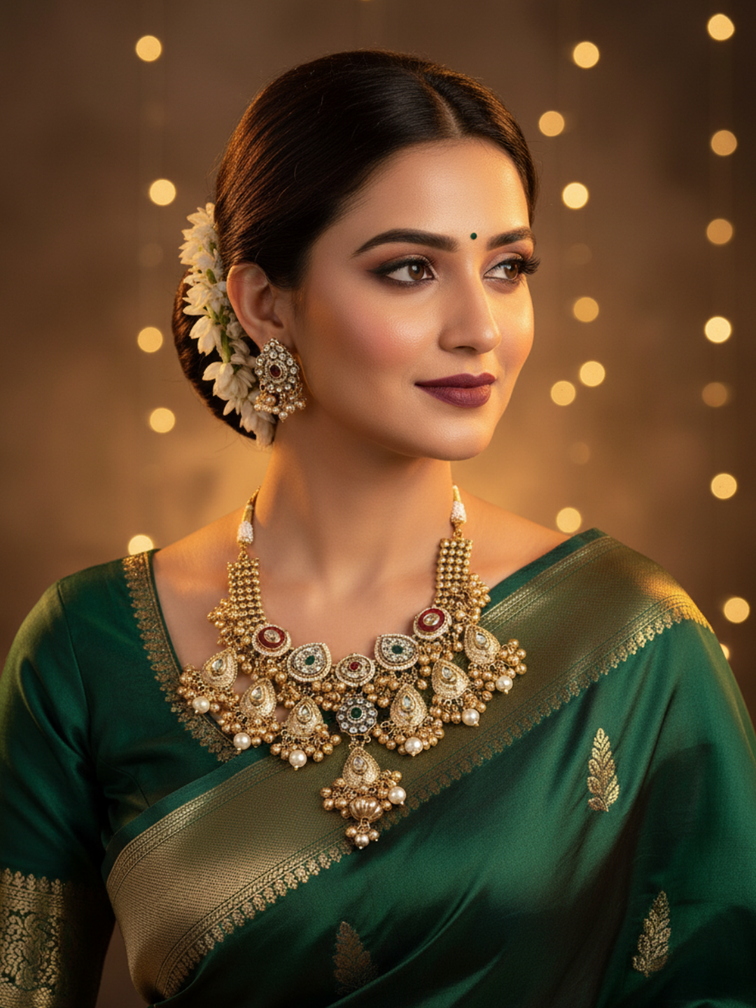 Antique Gold Plated Kundan-Synthetic Polky-Multi color Glass  Stone Pearl Statement Necklace