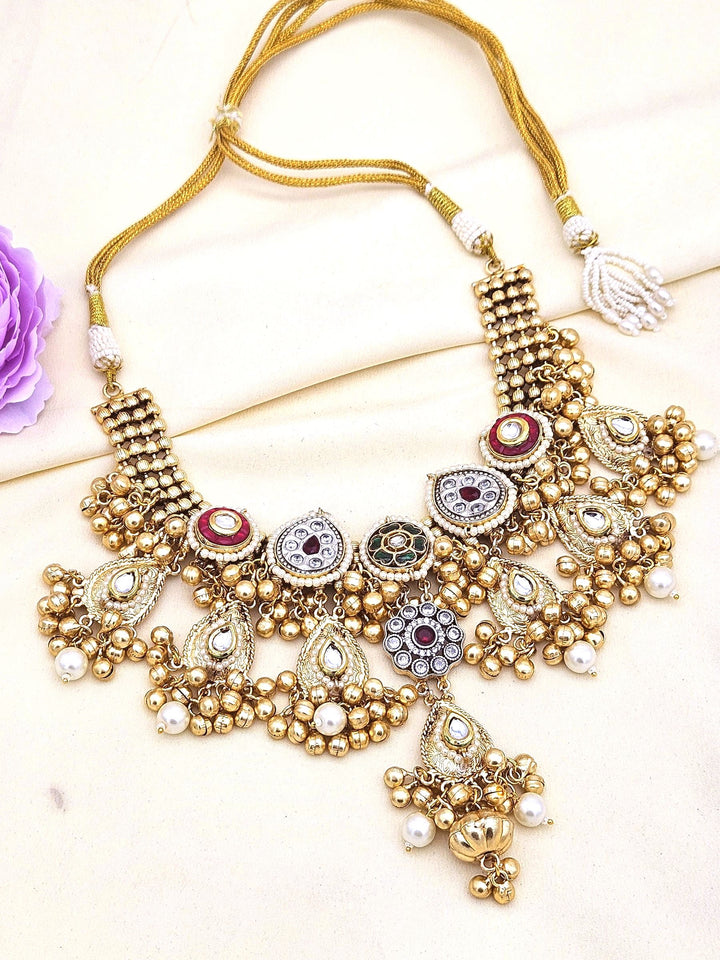 Antique Gold Plated Kundan-Synthetic Polky-Multi color Glass  Stone Pearl Statement Necklace