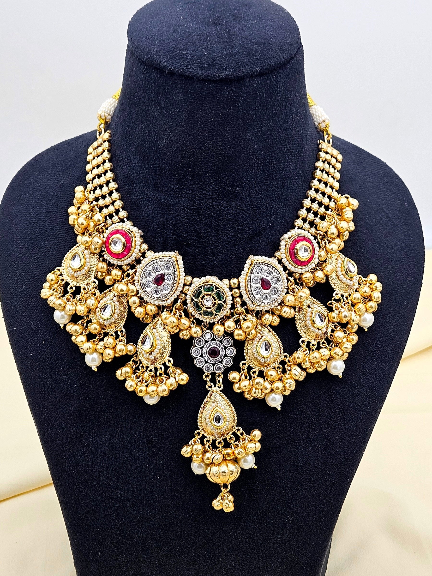 Antique Gold Plated Kundan-Synthetic Polky-Multi color Glass  Stone Pearl Statement Necklace