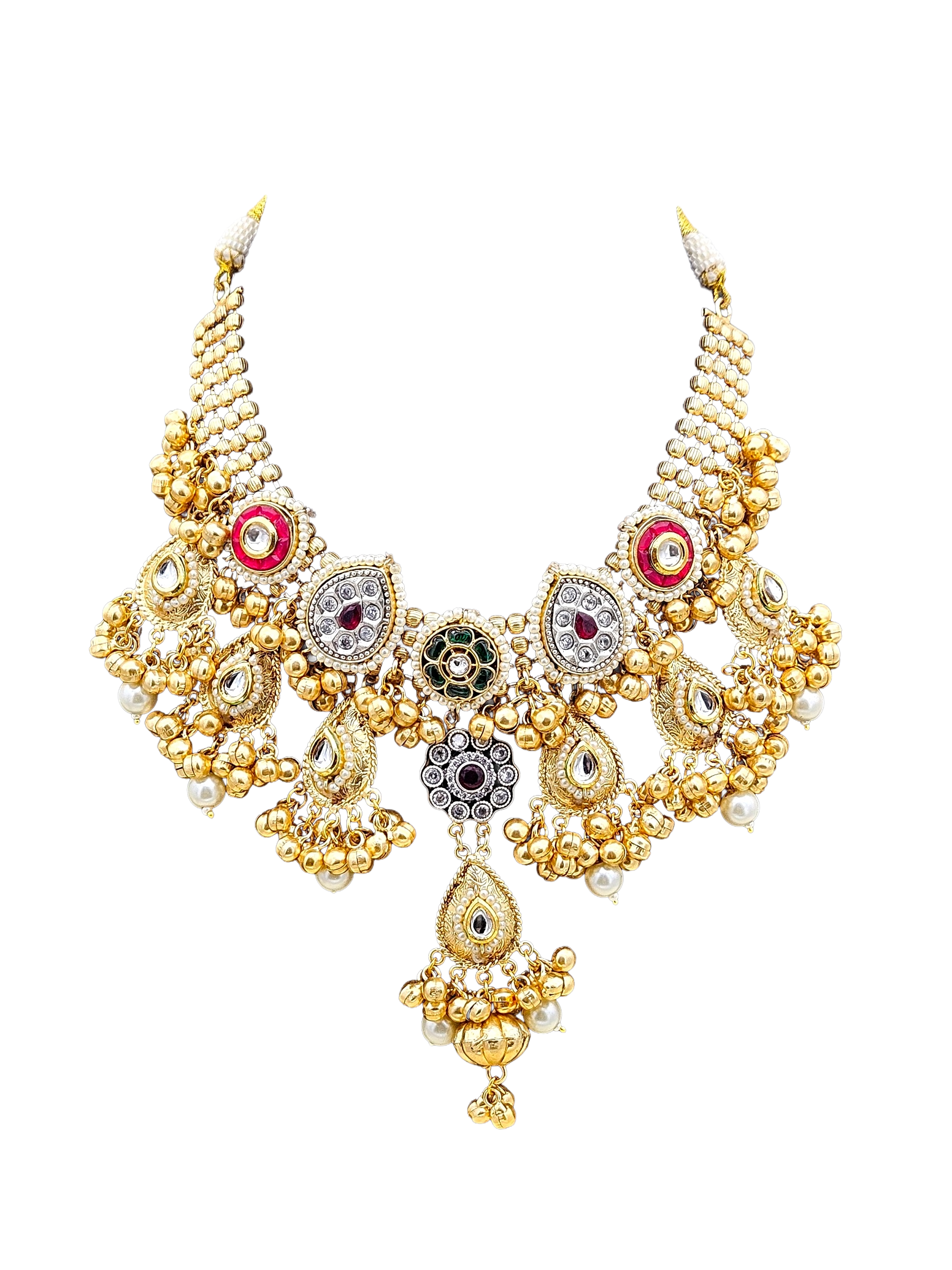 Antique Gold Plated Kundan-Synthetic Polky-Multi color Glass  Stone Pearl Statement Necklace