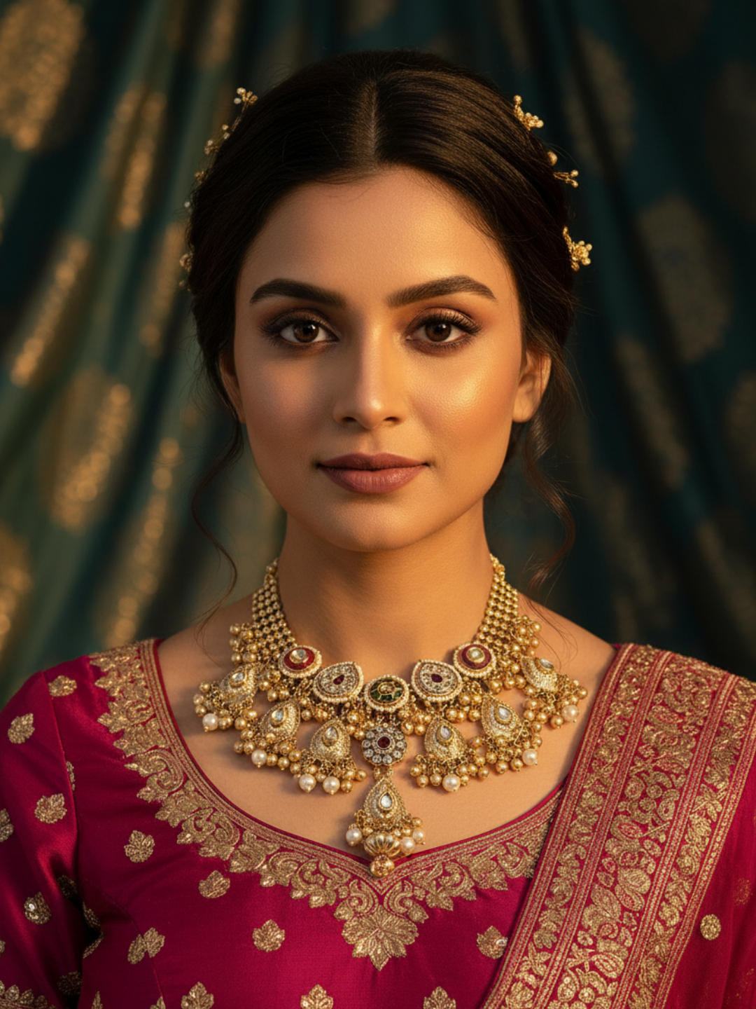 Antique Gold Plated Kundan-Synthetic Polky-Multi color Glass  Stone Pearl Statement Necklace