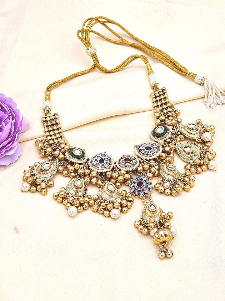 Antique Gold Plated Kundan-Synthetic Polky-Multi color Glass  Stone Pearl Statement Necklace