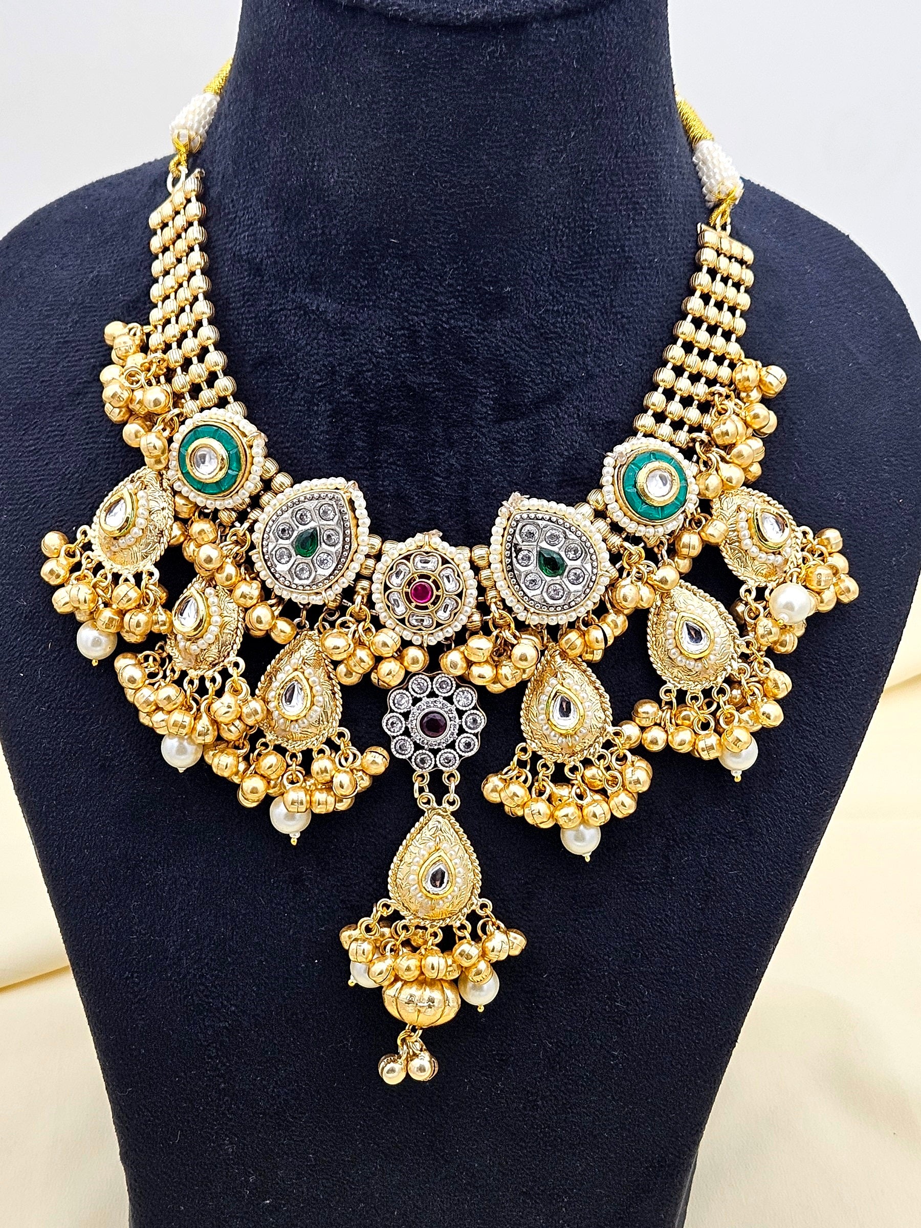 Antique Gold Plated Kundan-Synthetic Polky-Multi color Glass  Stone Pearl Statement Necklace