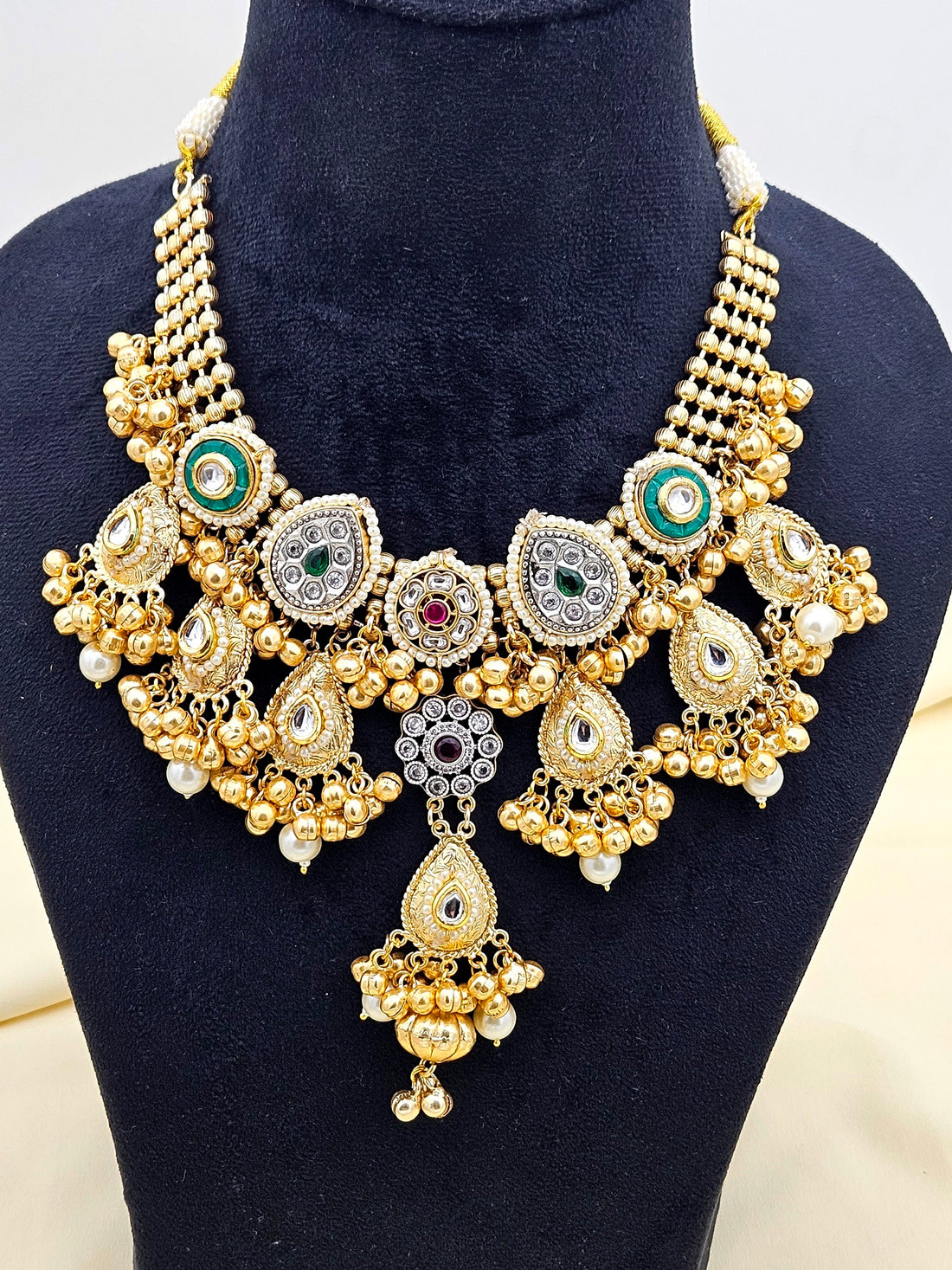 Antique Gold Plated Kundan-Synthetic Polky-Multi color Glass  Stone Pearl Statement Necklace