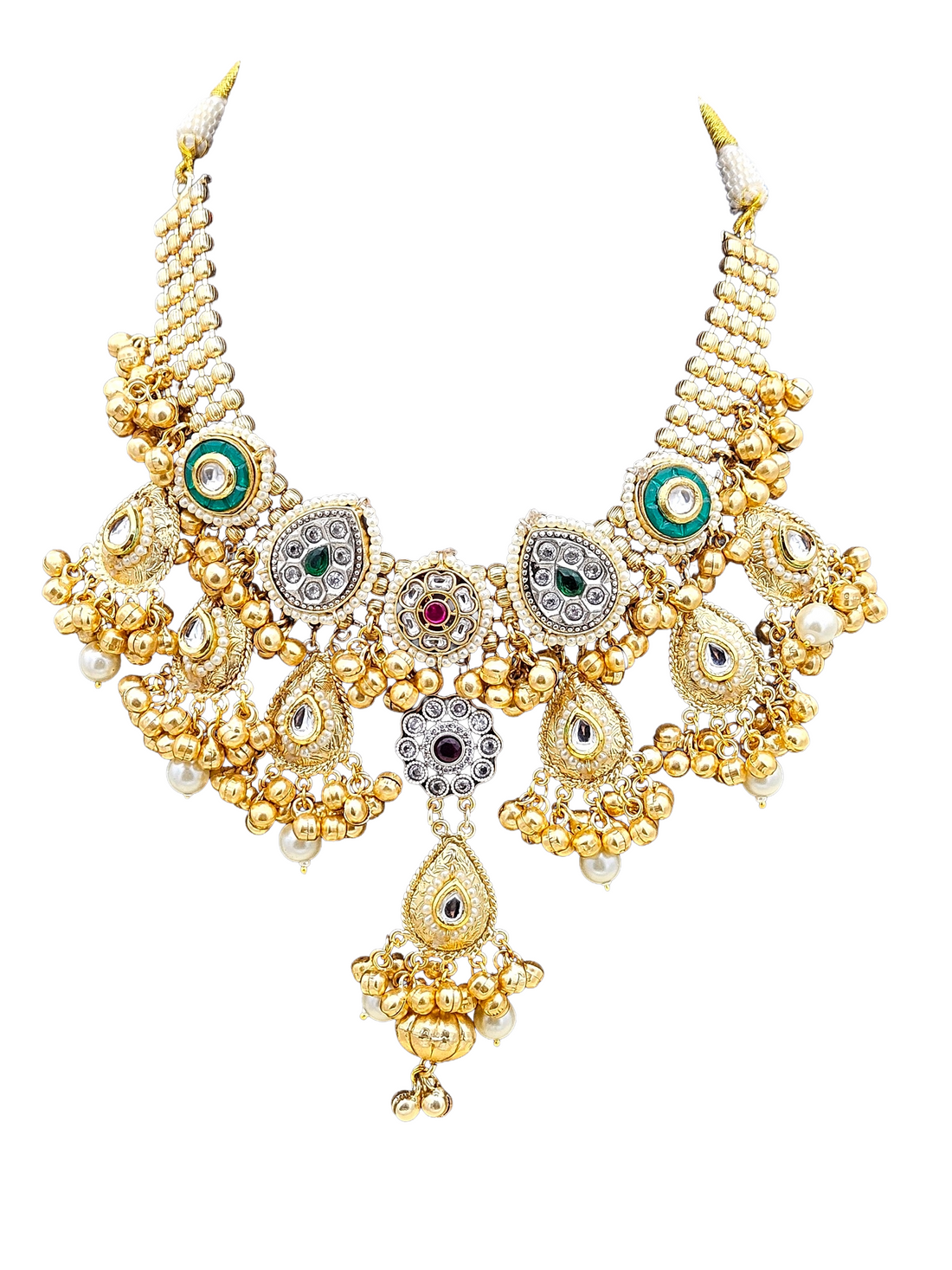 Antique Gold Plated Kundan-Synthetic Polky-Multi color Glass  Stone Pearl Statement Necklace