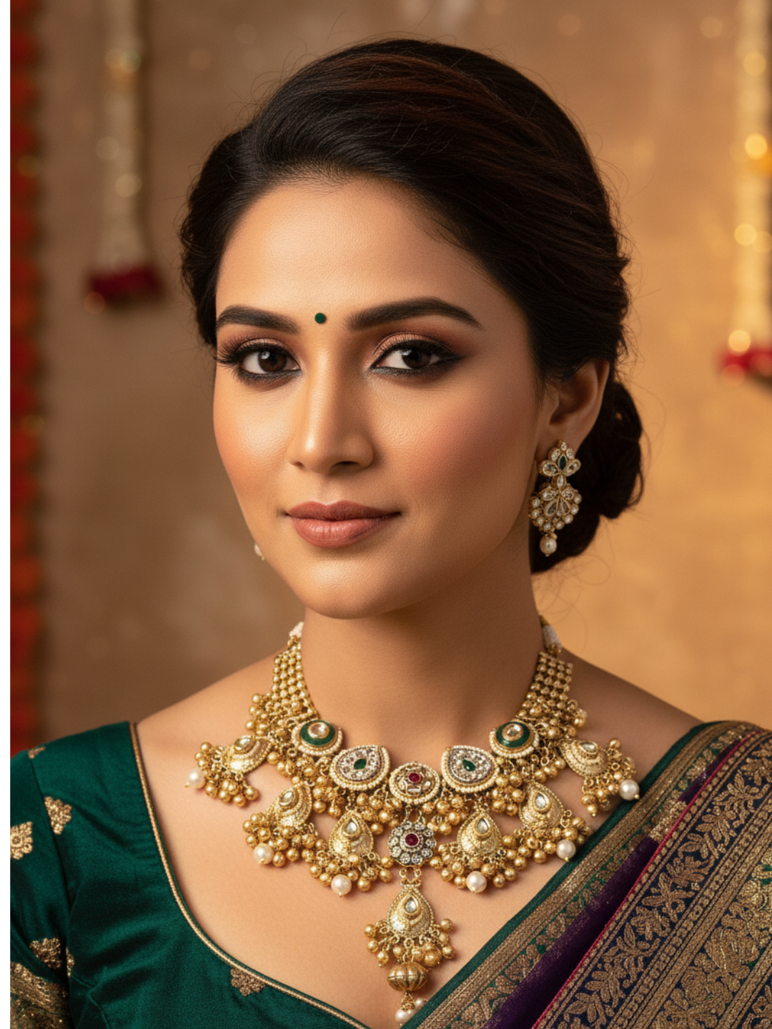 Antique Gold Plated Kundan-Synthetic Polky-Multi color Glass  Stone Pearl Statement Necklace