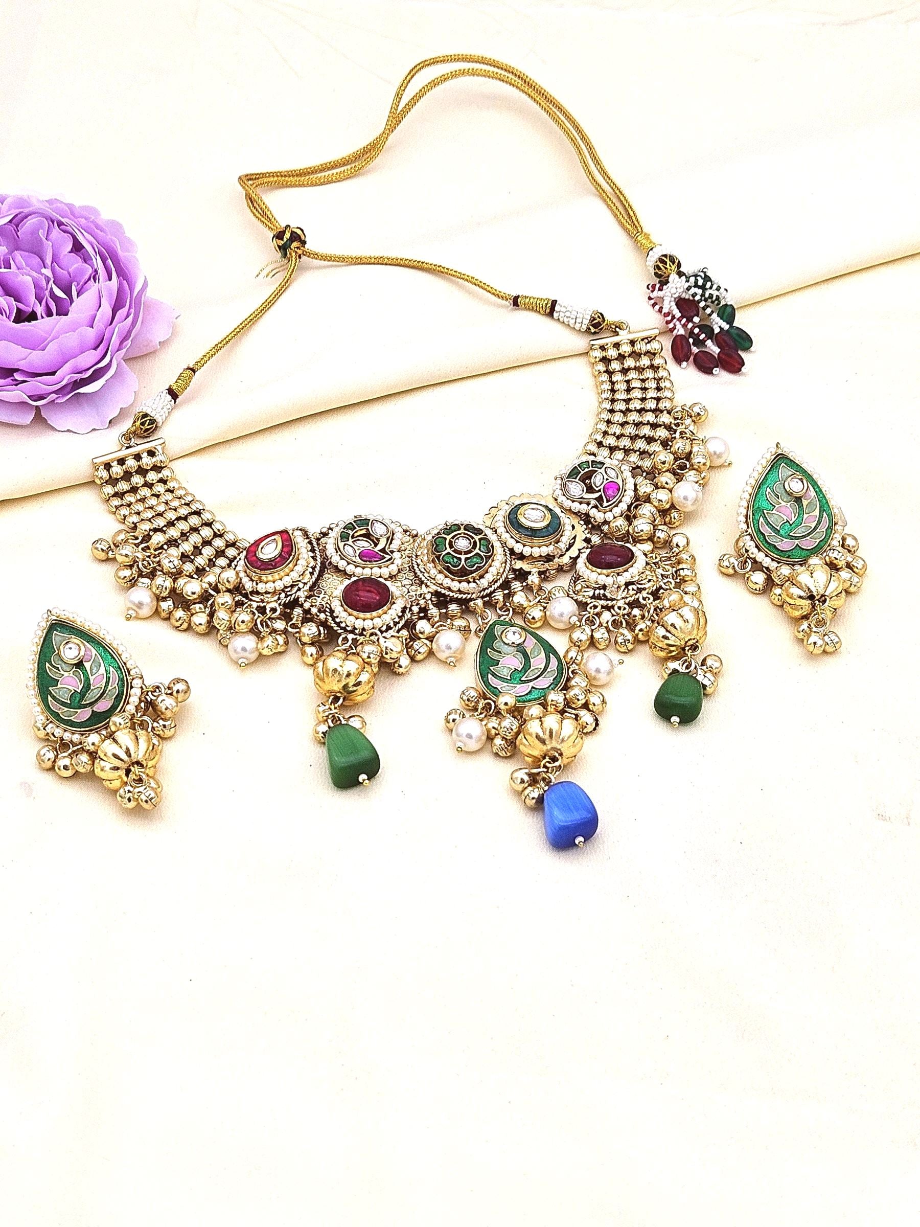 Antique Gold Plated Kundan-Synthetic Polky-Multi color Glass  Stone Pearl Statement Necklace-Earring Set