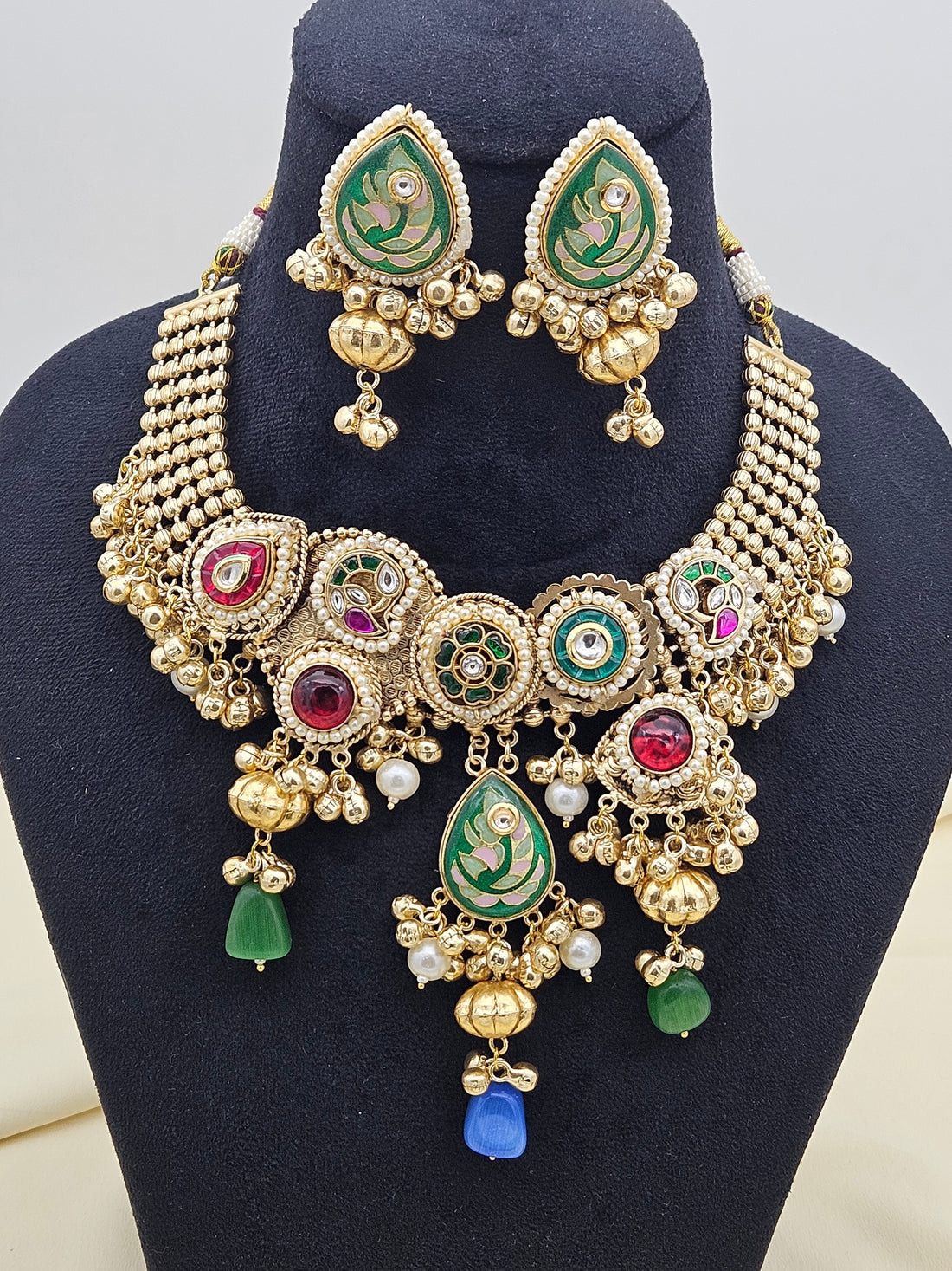 Antique Gold Plated Kundan-Synthetic Polky-Multi color Glass  Stone Pearl Statement Necklace-Earring Set