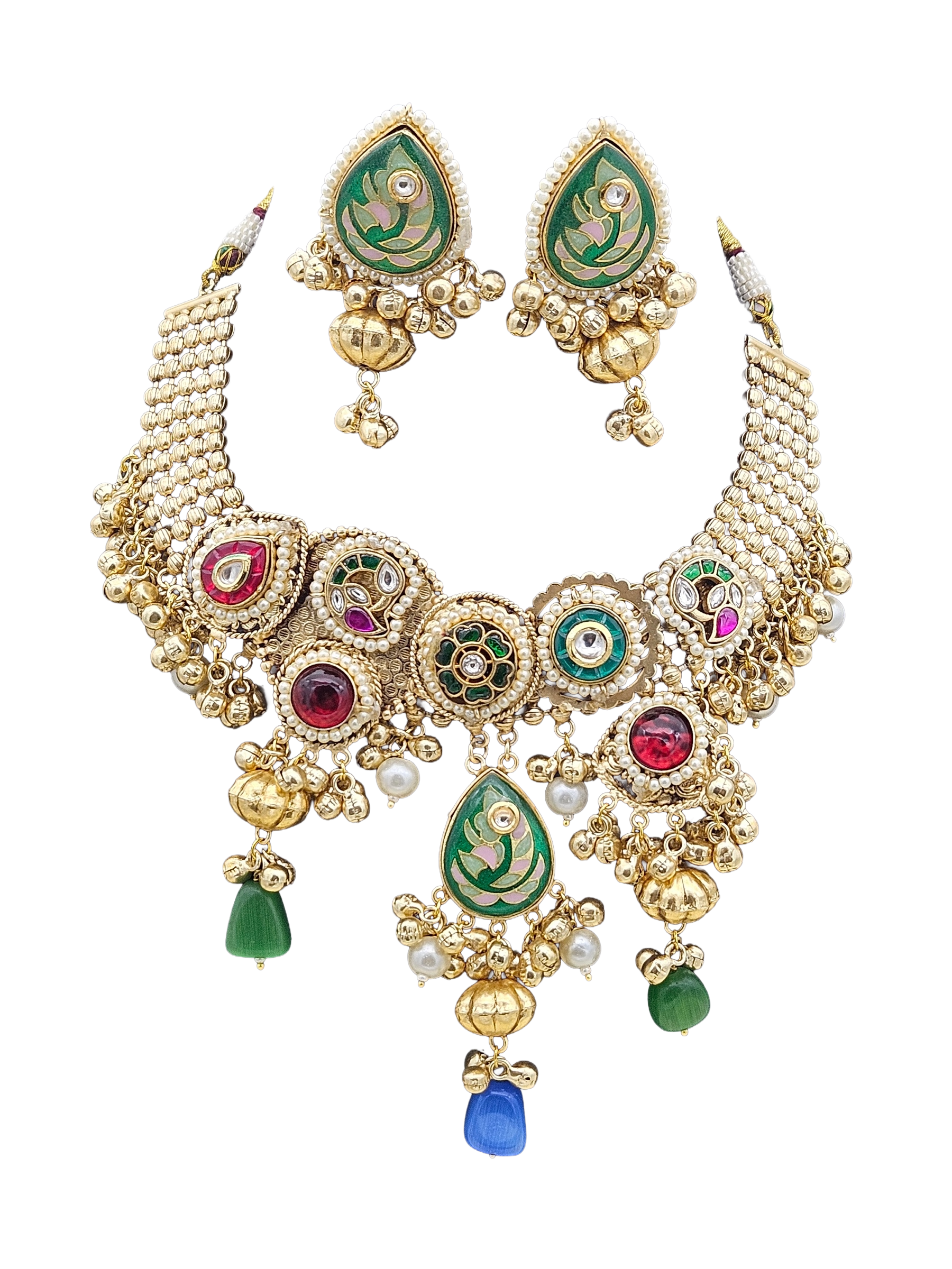 Antique Gold Plated Kundan-Synthetic Polky-Multi color Glass  Stone Pearl Statement Necklace-Earring Set
