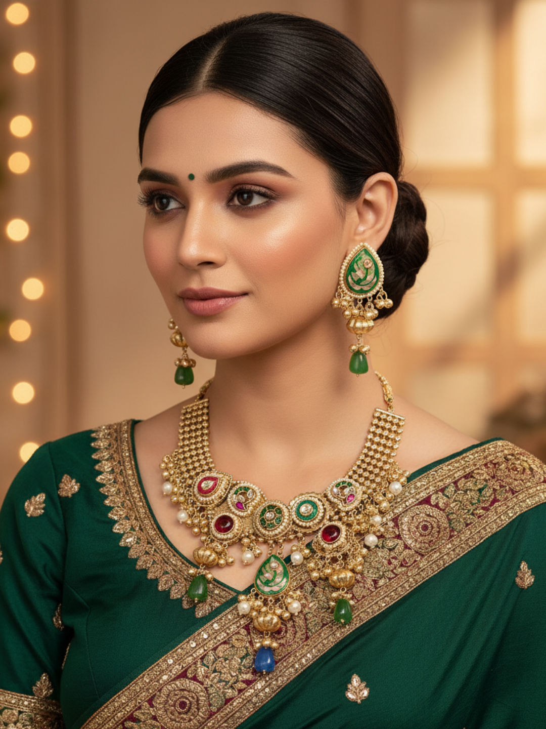 Antique Gold Plated Kundan-Synthetic Polky-Multi color Glass  Stone Pearl Statement Necklace-Earring Set