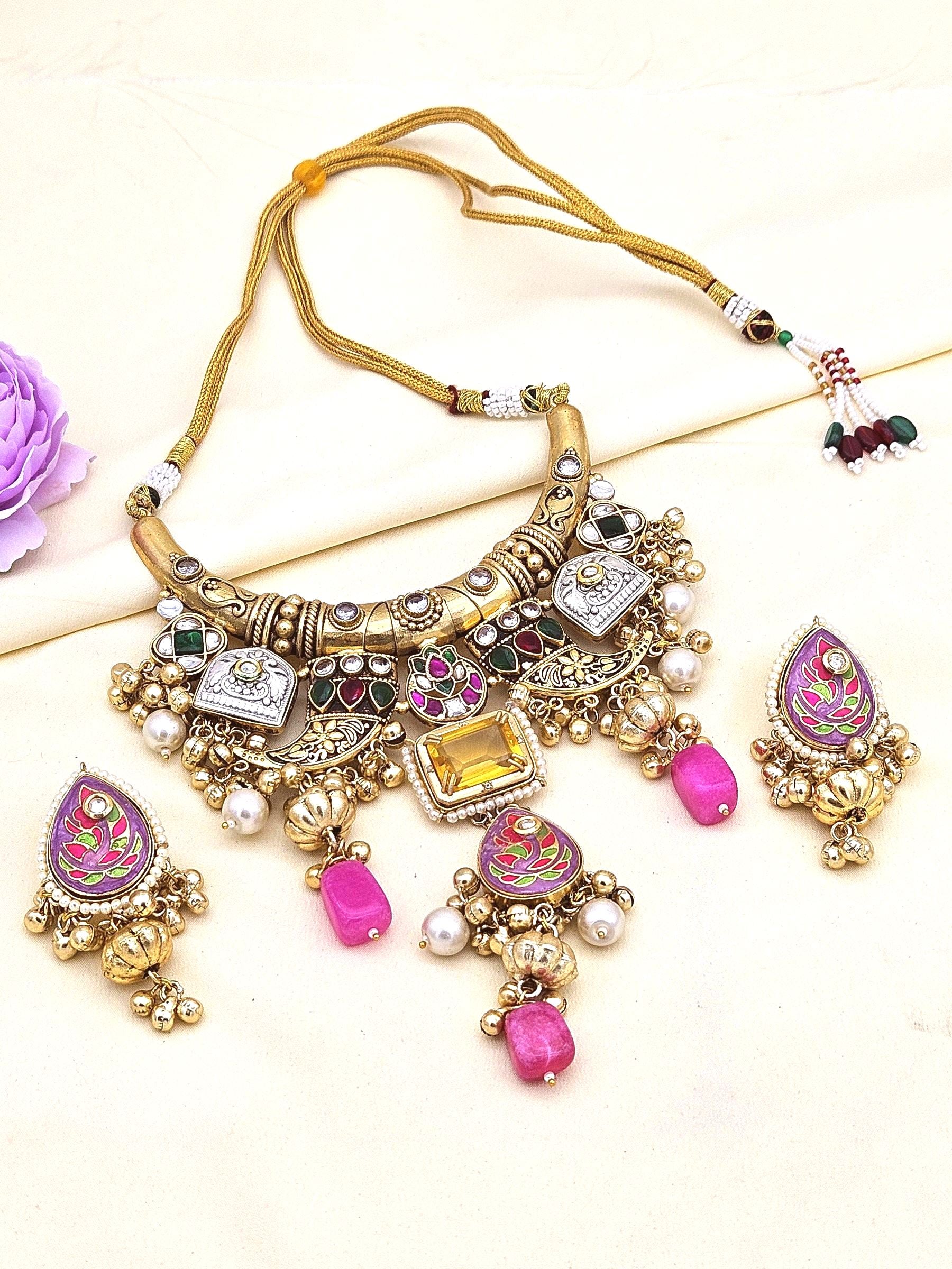 Antique Gold Plated Kundan-Synthetic Polky-Multi color Glass  Stone Pearl Statement Hasli Necklace-Earring Set