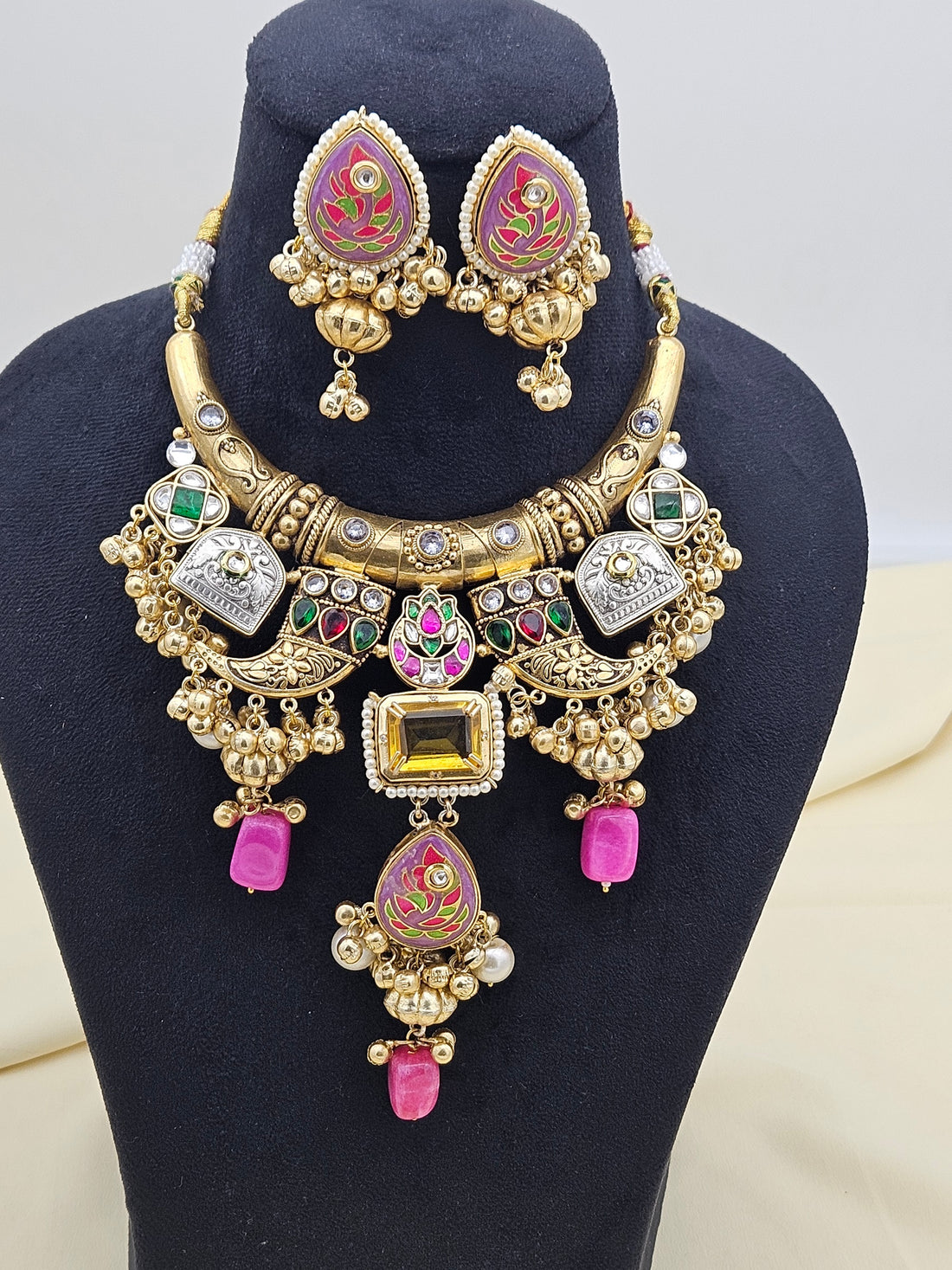 Antique Gold Plated Kundan-Synthetic Polky-Multi color Glass  Stone Pearl Statement Hasli Necklace-Earring Set