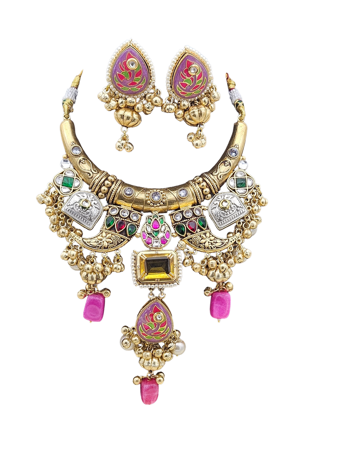 Antique Gold Plated Kundan-Synthetic Polky-Multi color Glass  Stone Pearl Statement Hasli Necklace-Earring Set