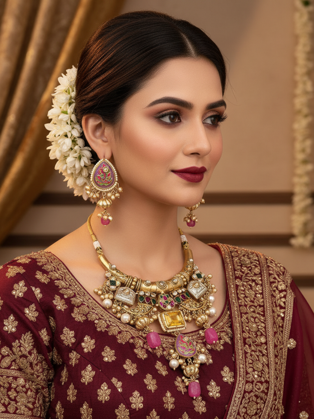 Antique Gold Plated Kundan-Synthetic Polky-Multi color Glass  Stone Pearl Statement Hasli Necklace-Earring Set