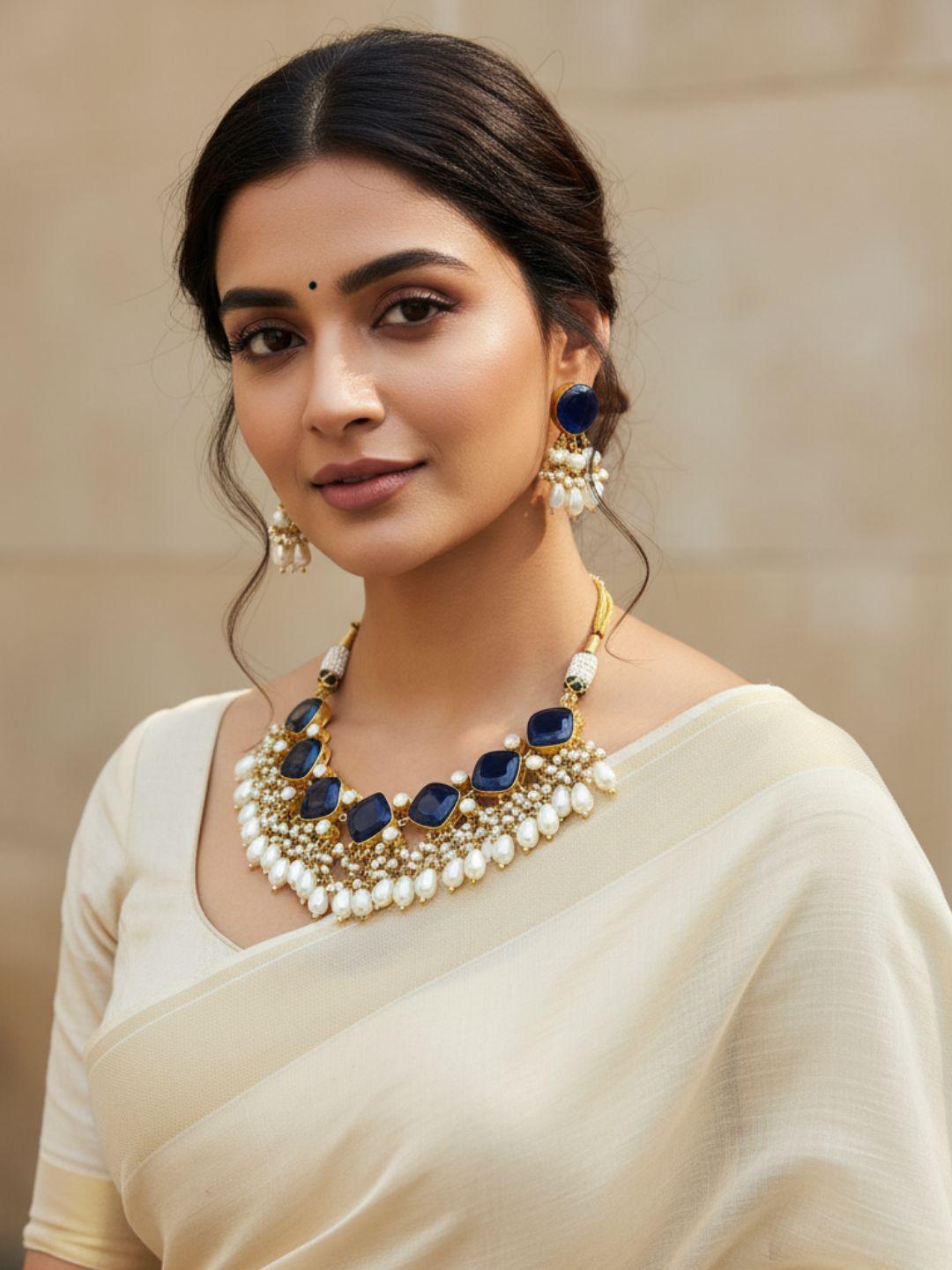 Awesome Antique Gold plated Blue Glass Stone-Pearl Color Necklace-Stud Earring Set