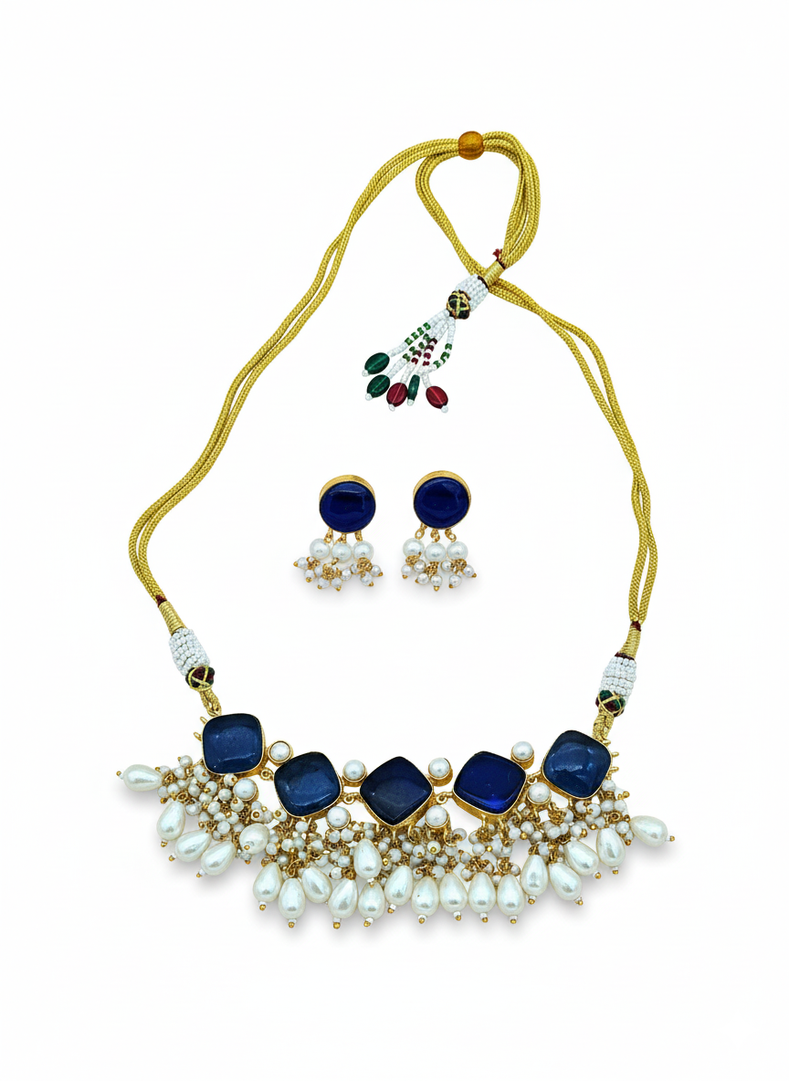 Awesome Antique Gold plated Blue Glass Stone-Pearl Color Necklace-Stud Earring Set