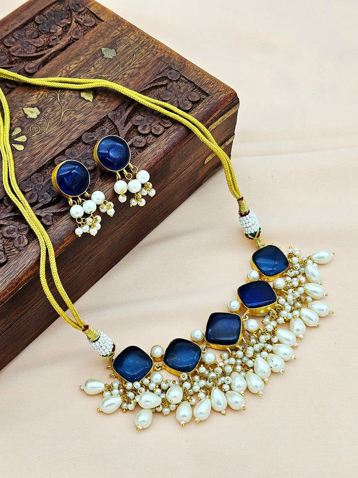 Awesome Antique Gold plated Blue Glass Stone-Pearl Color Necklace-Stud Earring Set