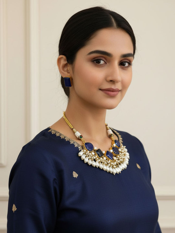 Antique Gold plated Blue Glass Stone-Pearl Color Necklace-Stud Earring Set