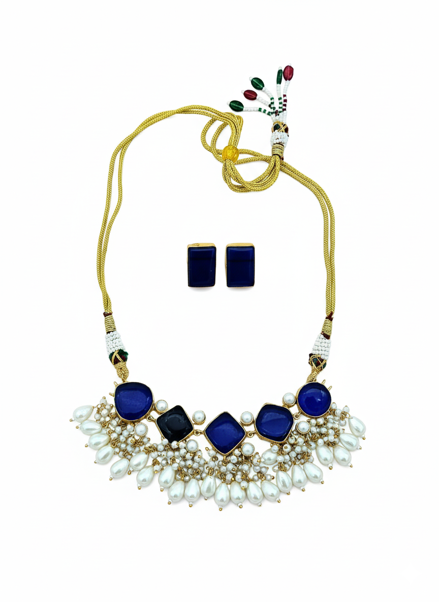Antique Gold plated Blue Glass Stone-Pearl Color Necklace-Stud Earring Set