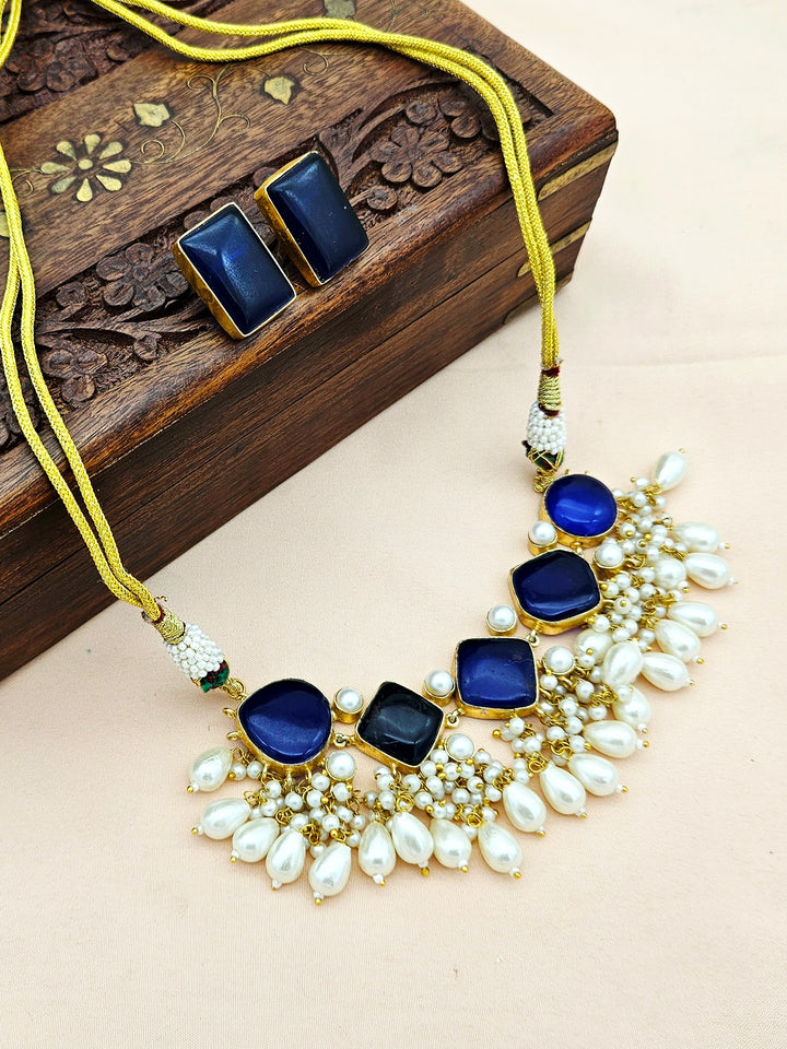 Antique Gold plated Blue Glass Stone-Pearl Color Necklace-Stud Earring Set