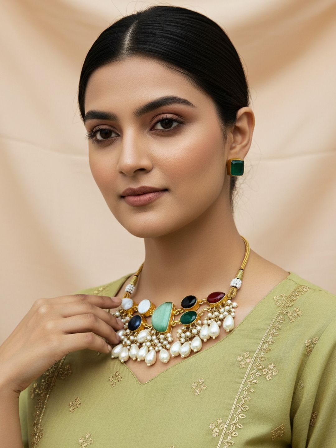 Awesome Antique Gold plated Multi Color  Glass Stone-Pearl Color Necklace-Stud Earring Set