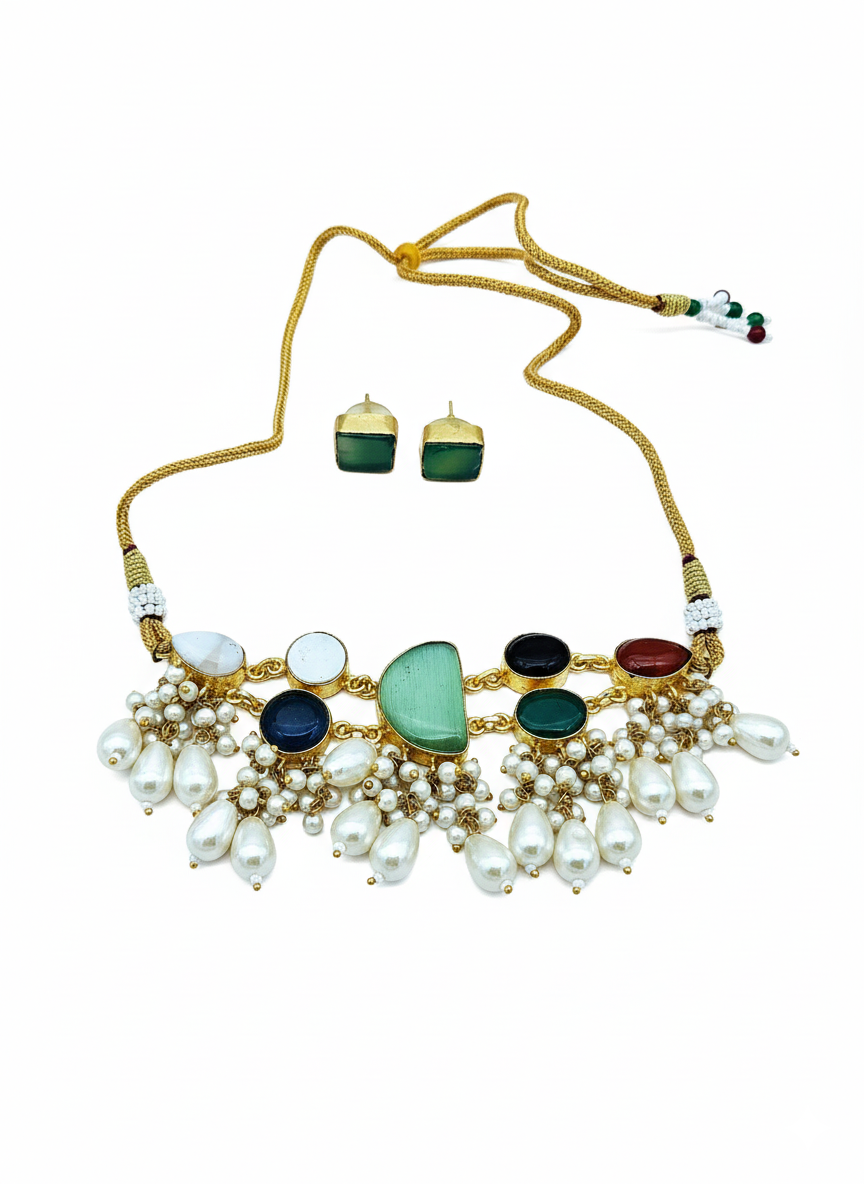 Awesome Antique Gold plated Multi Color  Glass Stone-Pearl Color Necklace-Stud Earring Set