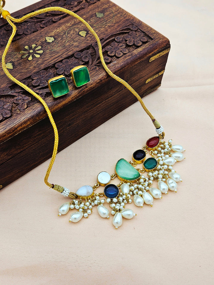 Awesome Antique Gold plated Multi Color  Glass Stone-Pearl Color Necklace-Stud Earring Set