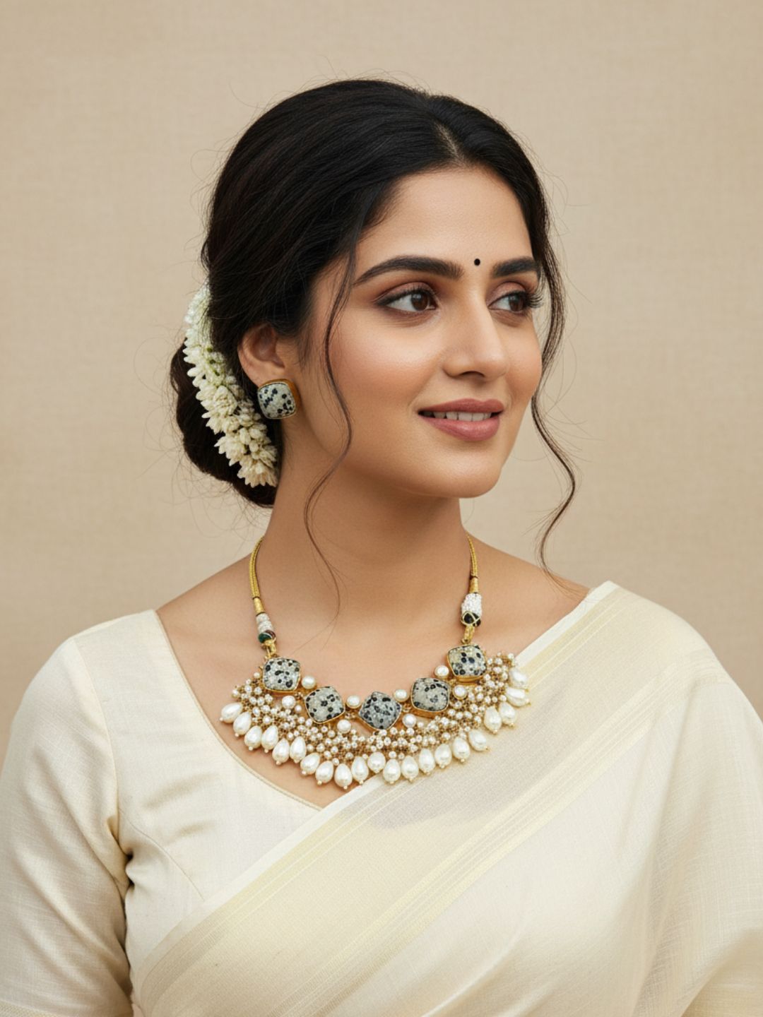 Antique Gold plated Dalmatian Black Spots on Off-white Glass Stone-Pearl Color Necklace-Stud Earring Set