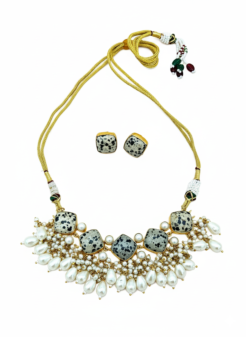 Antique Gold plated Dalmatian Black Spots on Off-white Glass Stone-Pearl Color Necklace-Stud Earring Set