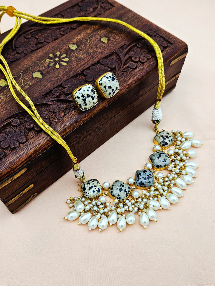 Antique Gold plated Dalmatian Black Spots on Off-white Glass Stone-Pearl Color Necklace-Stud Earring Set